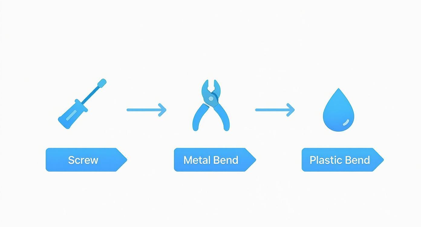 Illustrative icons show a screwdriver, pliers, and water droplet representing screw, metal bend, and plastic bend processes.