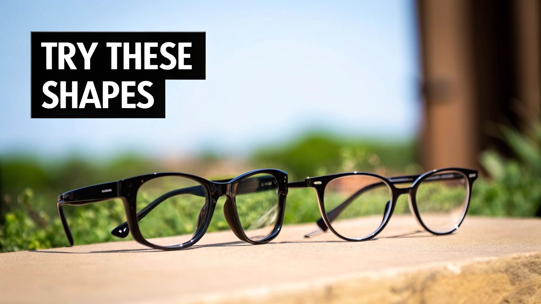 Two pairs of black-framed glasses with different shapes, displayed outdoors under natural light.