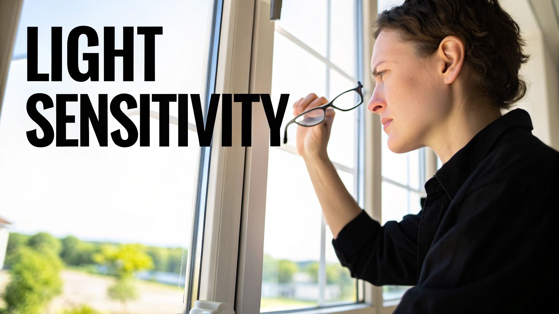 A person holds glasses and looks out a bright window, with text 'LIGHT SENSITIVITY'.