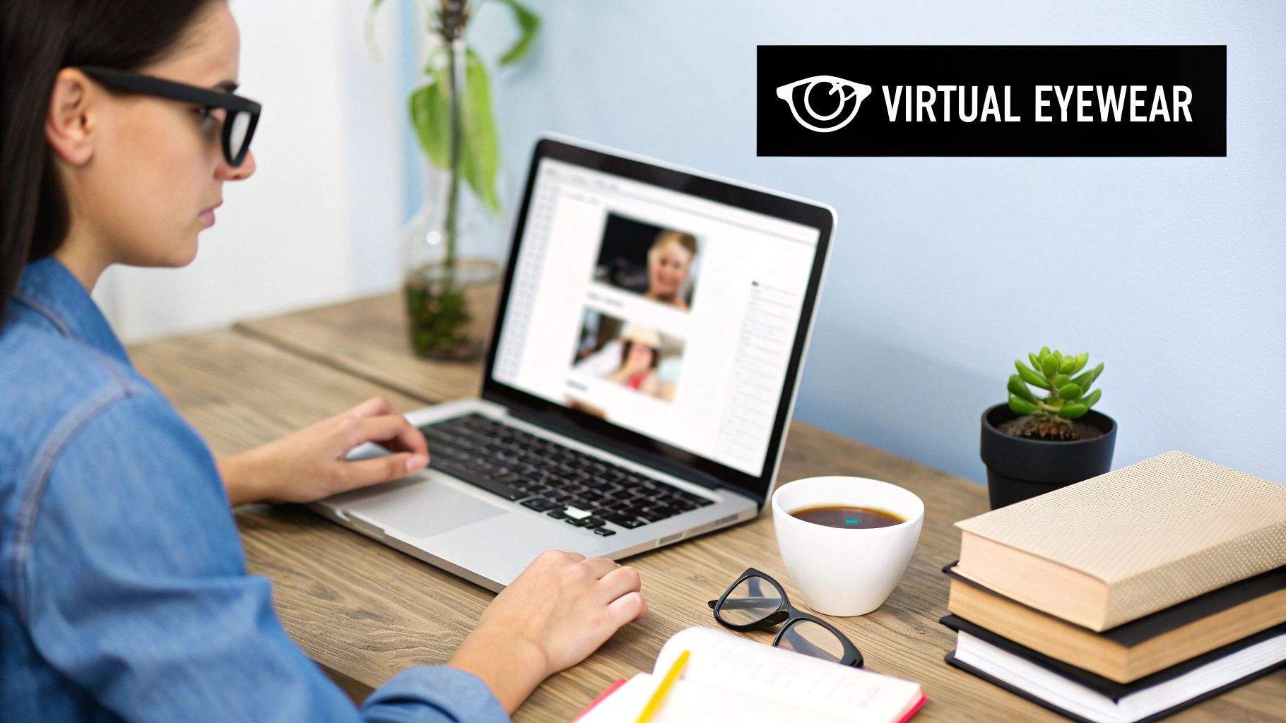 A person smiling while trying on glasses frames online using a tablet.