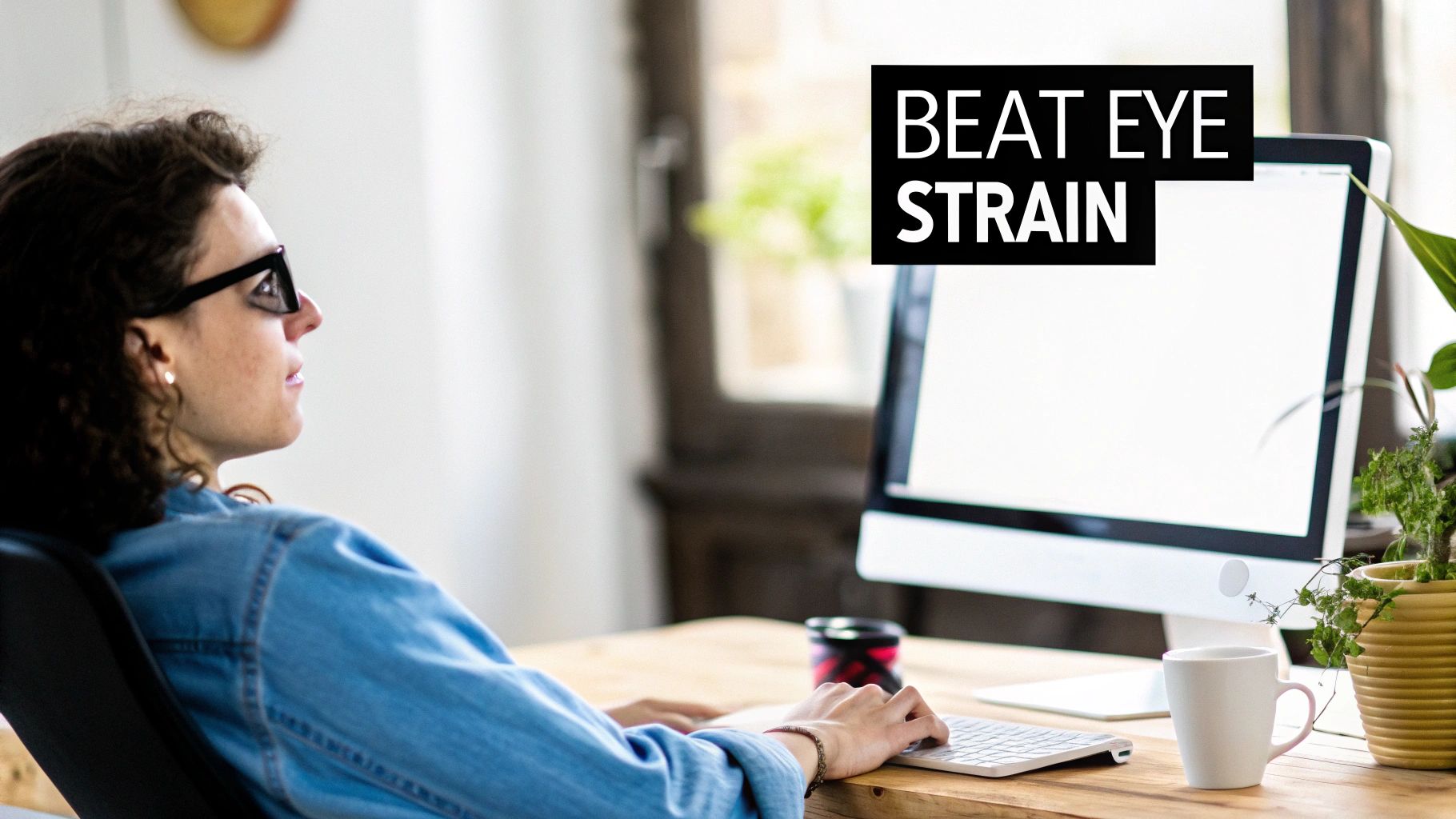A person wearing glasses works on a computer screen, with text overlay 'BEAT EYE STRAIN'.