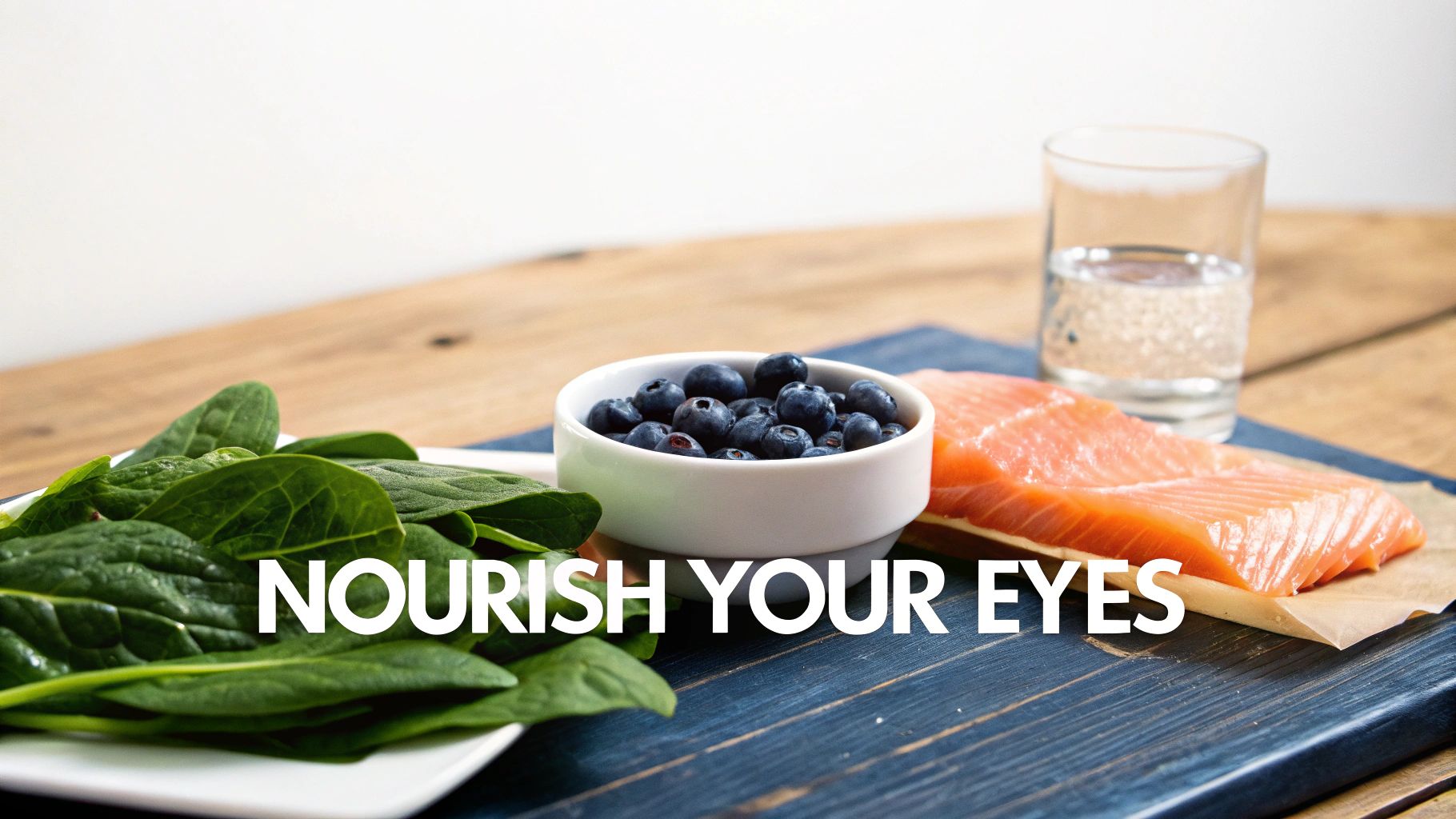 Healthy meal with spinach, blueberries, salmon, and water on a table, promoting eye nutrition.