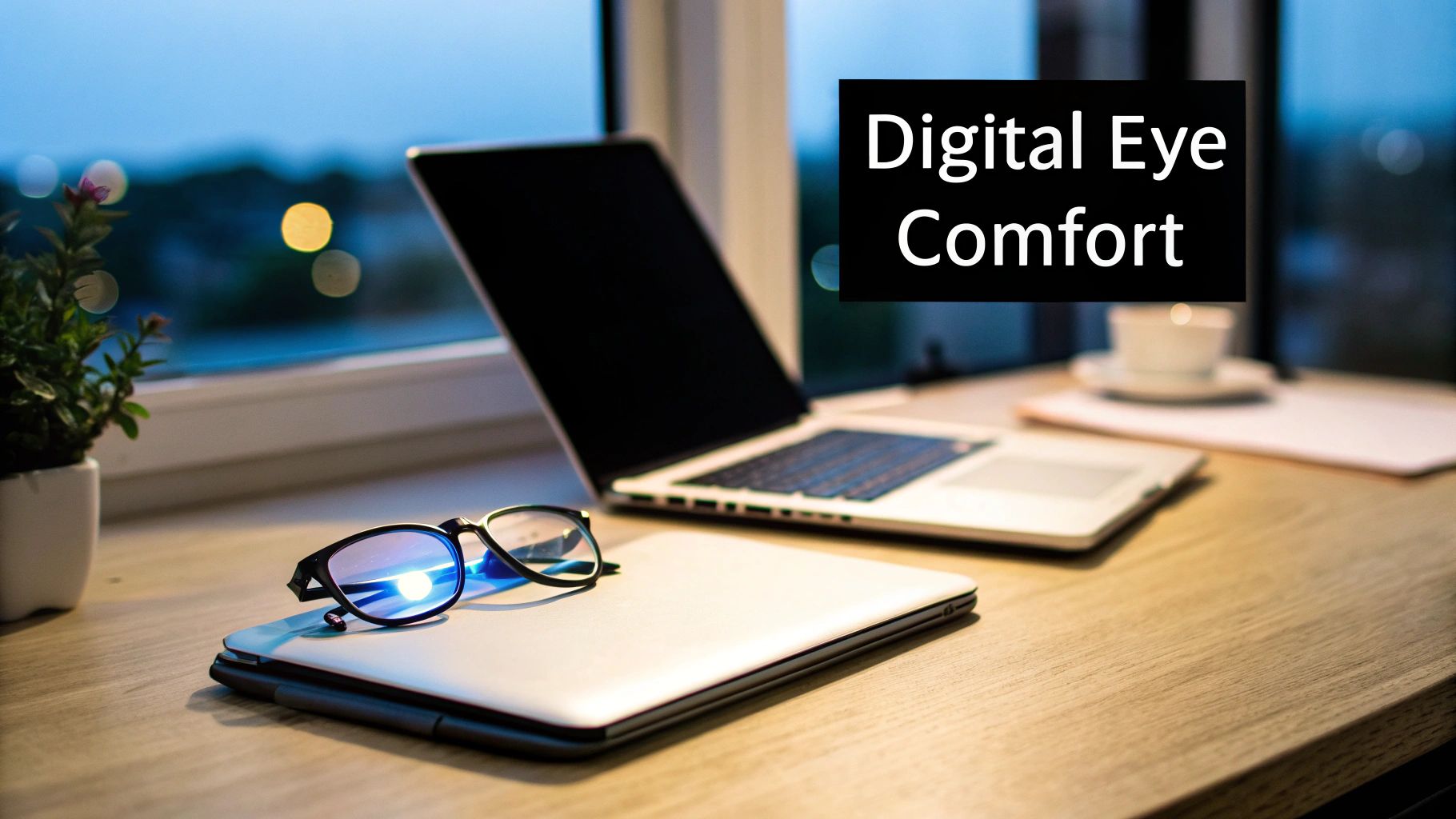 Blue light glasses on a closed laptop, with an open laptop and coffee cup on a modern desk.