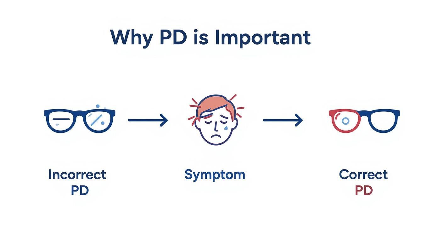 Diagram showing incorrect PD causing headaches leading to correct PD measurement for proper eyeglasses