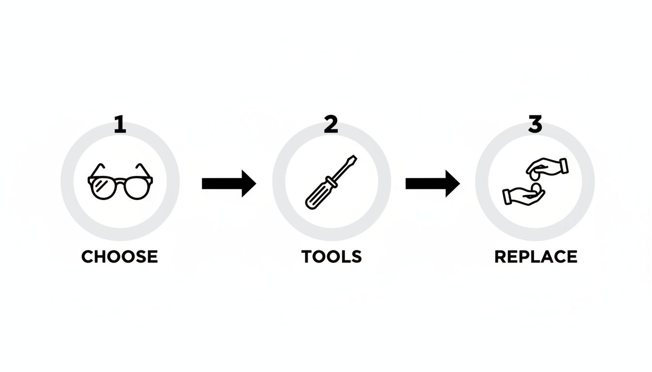 A three-step diagram illustrates the process of replacing eyeglasses nose pads: choose, tools, replace.