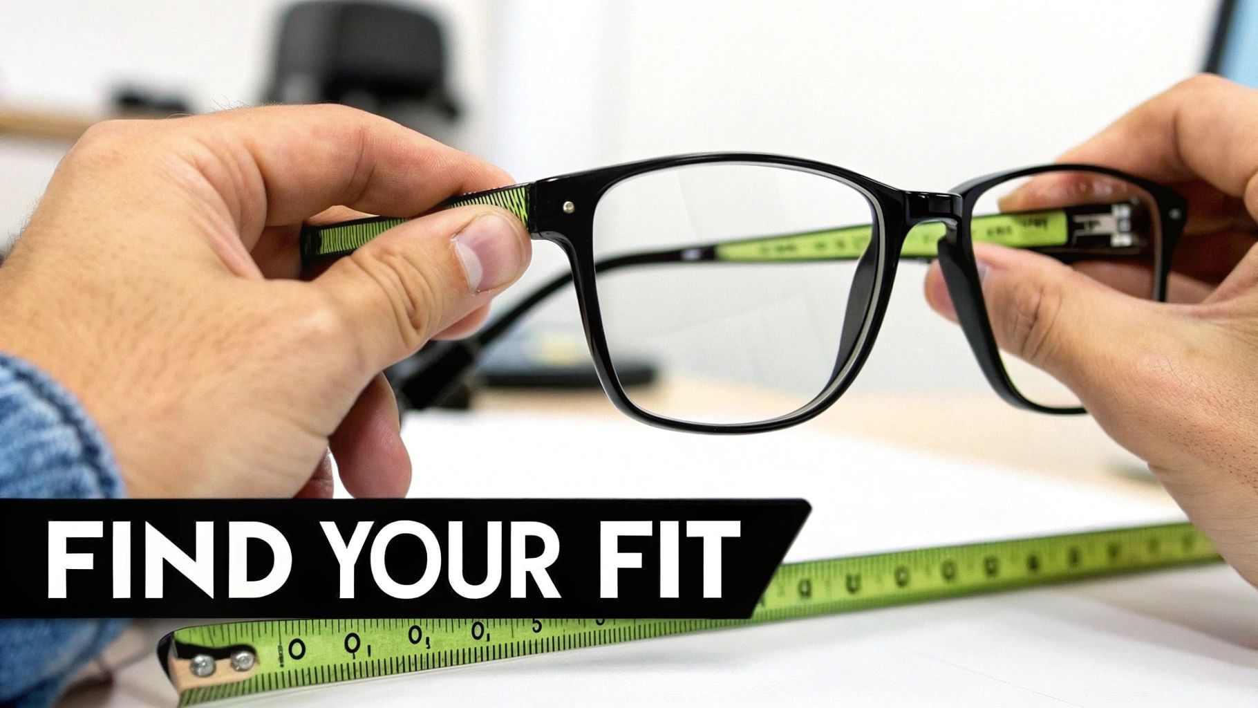 Hands hold black-framed glasses with clear lenses above a green measuring tape and 'FIND YOUR FIT' text.