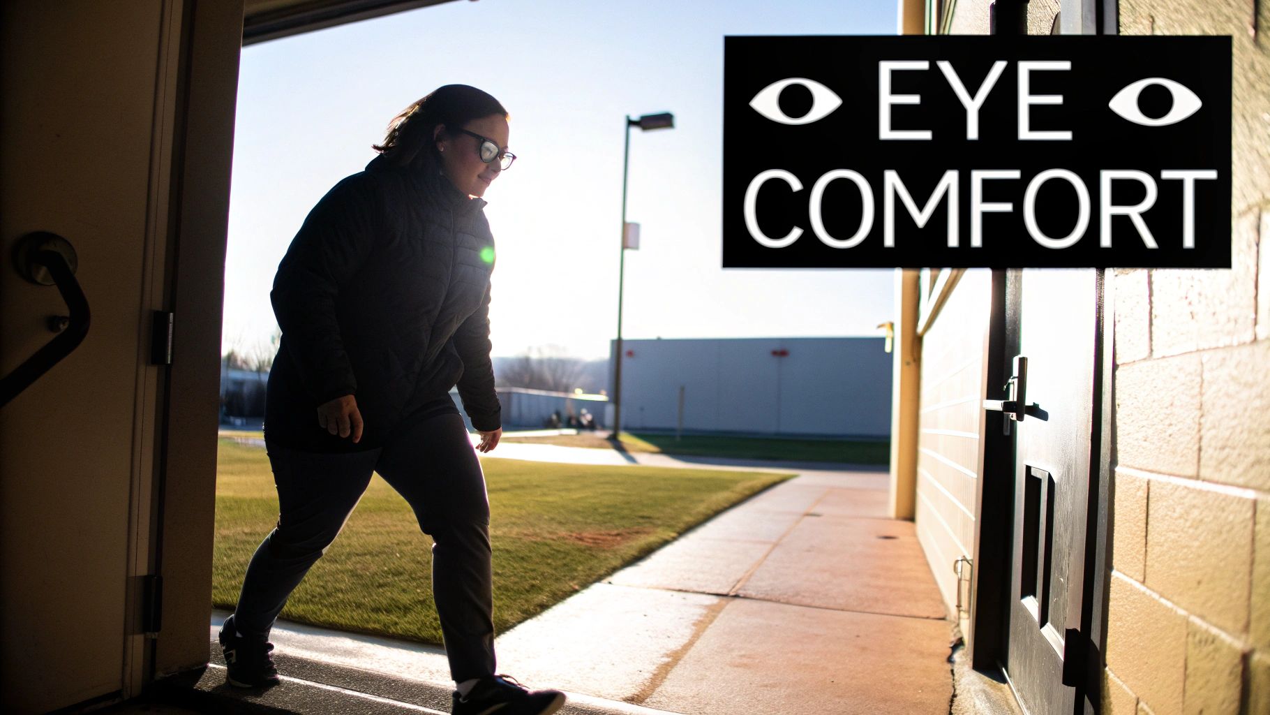 A person in glasses exits a building into bright sunlight, near an 'EYE COMFORT' sign.