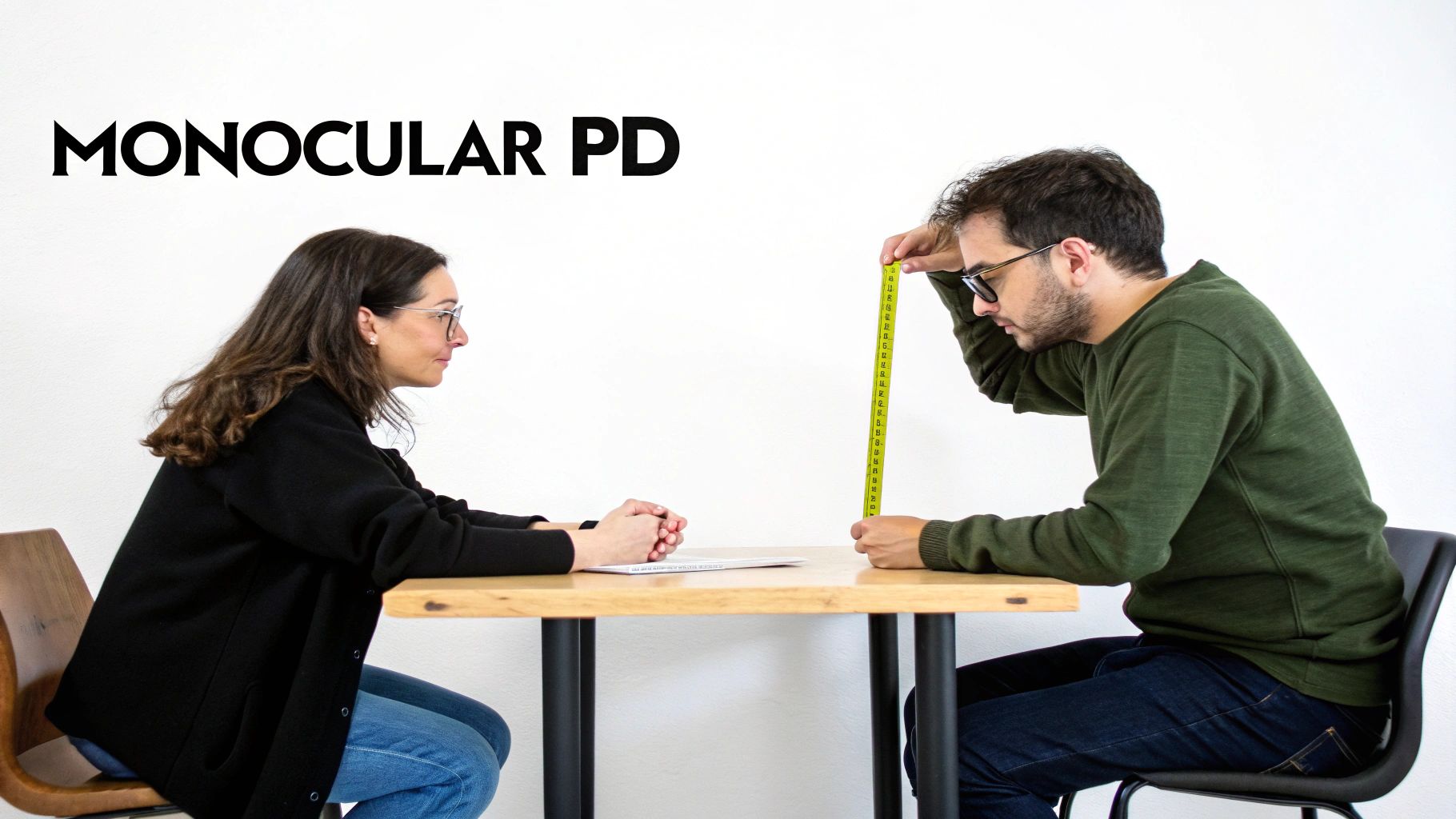 A person's eye is shown in close-up as a ruler measures their monocular PD.