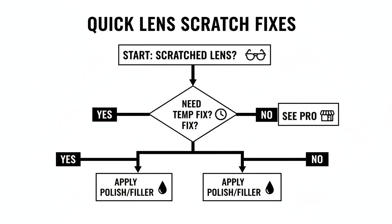 Flowchart illustrating quick fixes for scratched lenses, offering temporary solutions with polish/filler or professional repair.