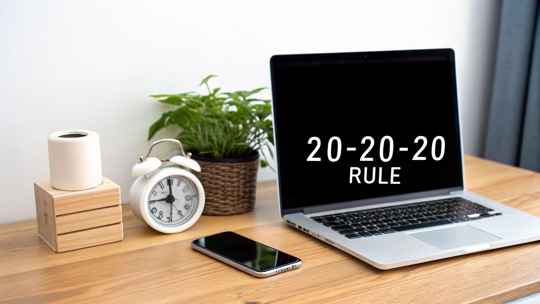 A clean desk setup with a laptop displaying the '20-20-20 RULE', an alarm clock, and a plant.