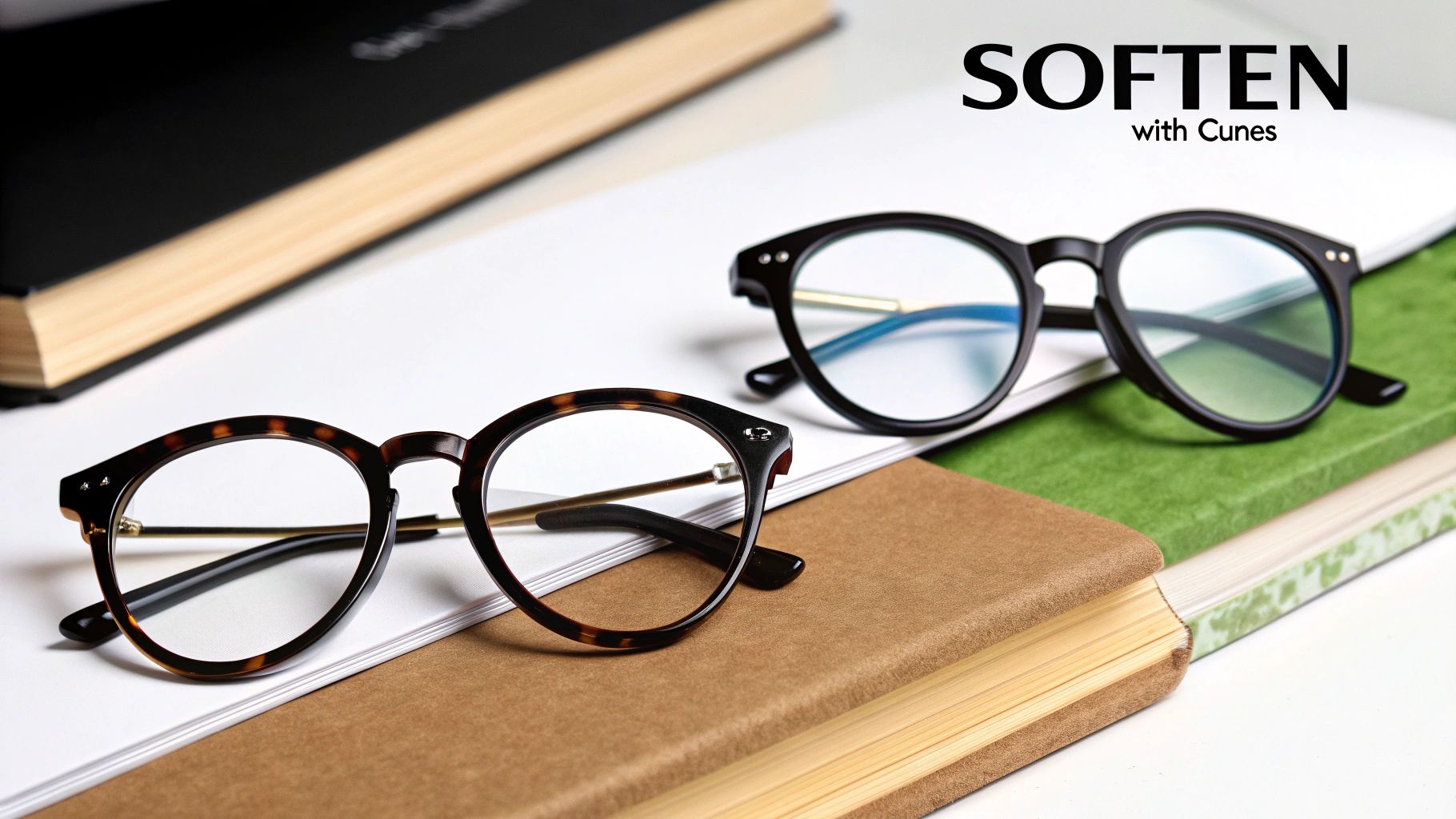 Two stylish pairs of eyeglasses, one tortoise-shell and one black, resting on books and papers.