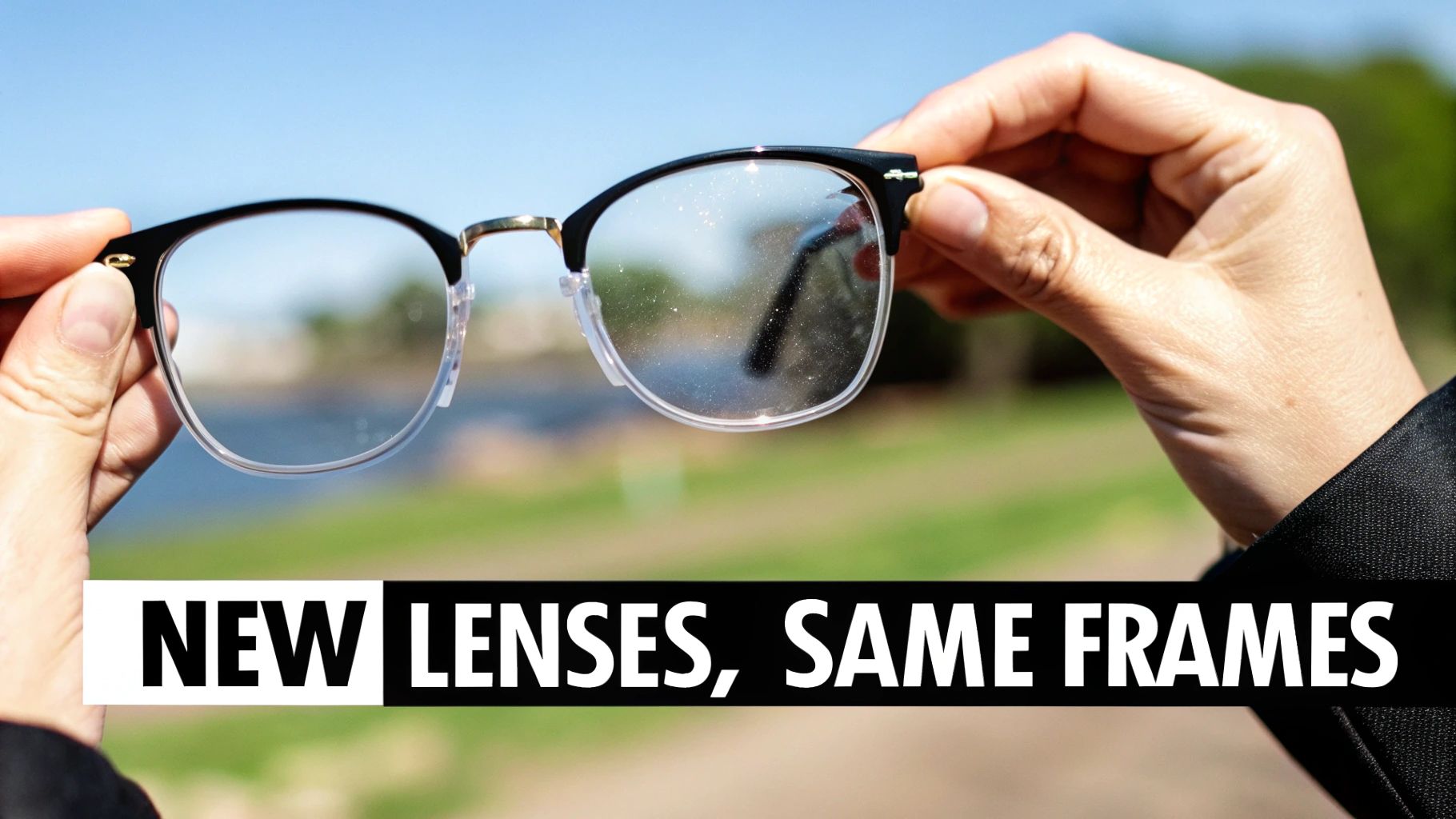 Hands holding glasses, comparing a sparkling clean lens with a dusty, smudged one.