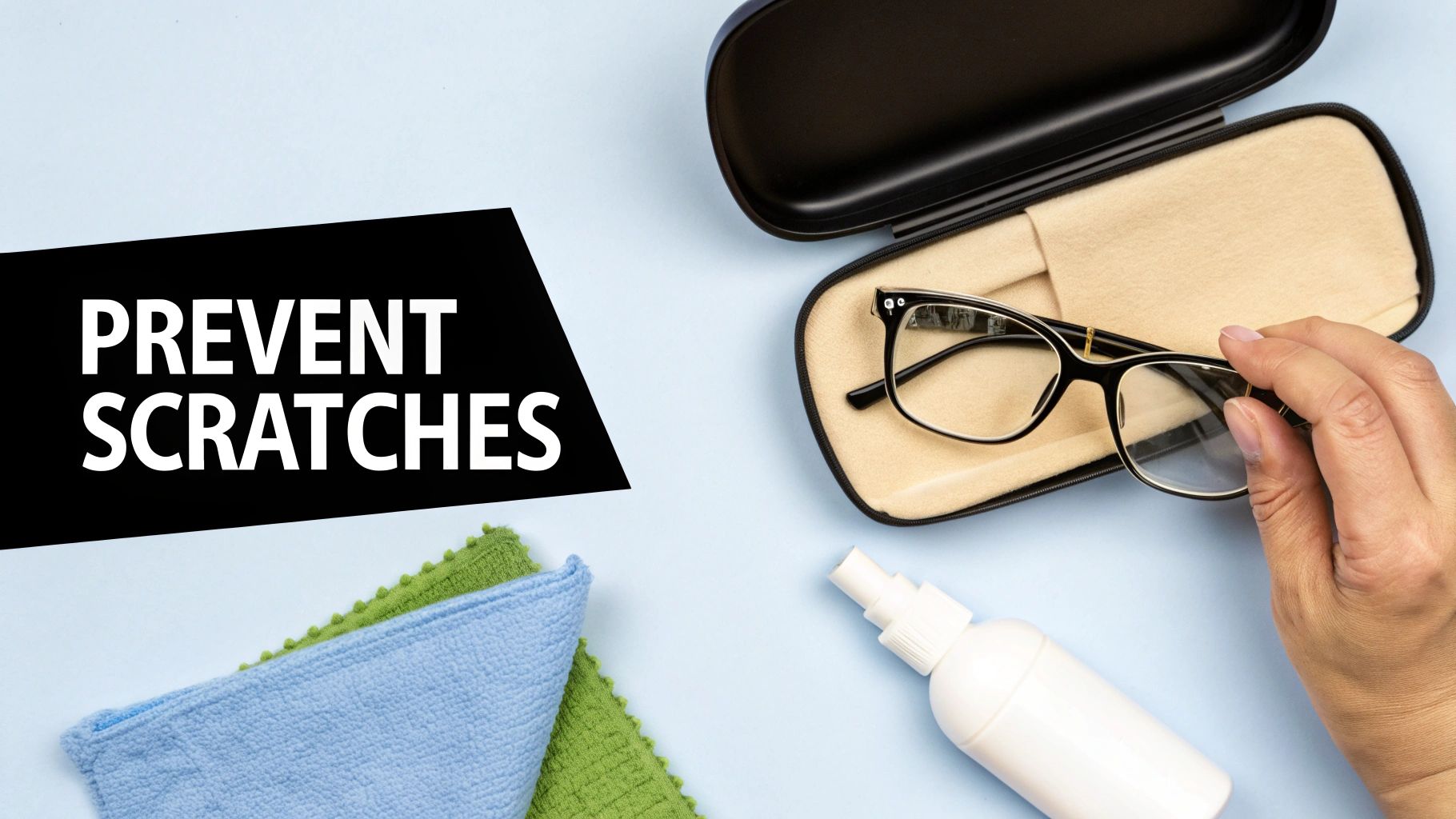 Top-down view of glasses in a case, cleaning spray, and microfiber cloths, with 'PREVENT SCRATCHES' text.