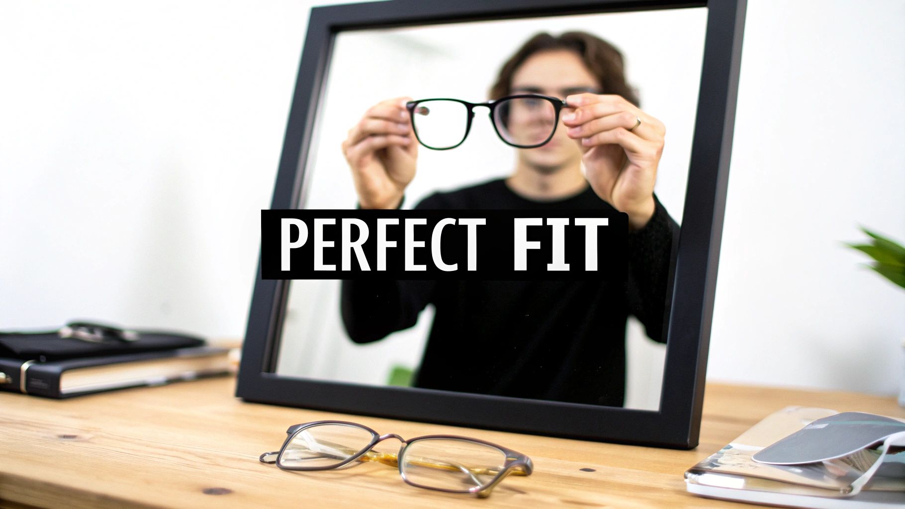 A person holding black-framed glasses up to their reflection in a mirror, with another pair on a wooden desk.