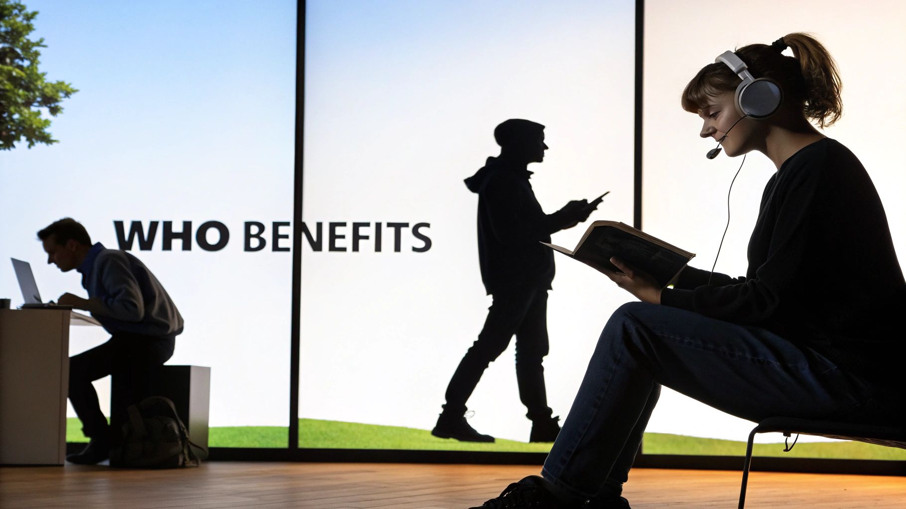 Silhouettes of people engaged in work, reading, and technology against a bright display with text.