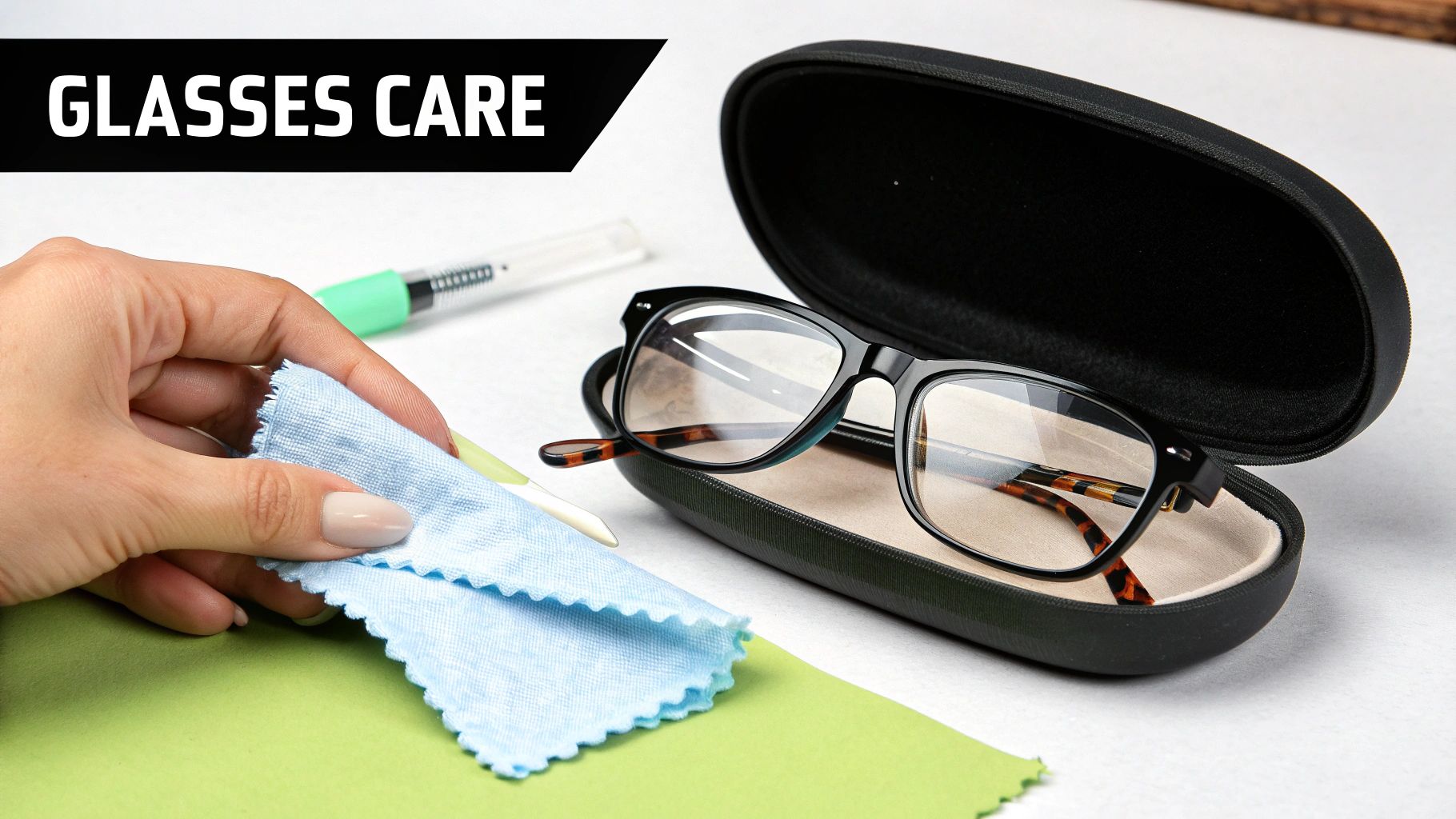 A person carefully cleaning the lenses of their designer glasses with a microfiber cloth.