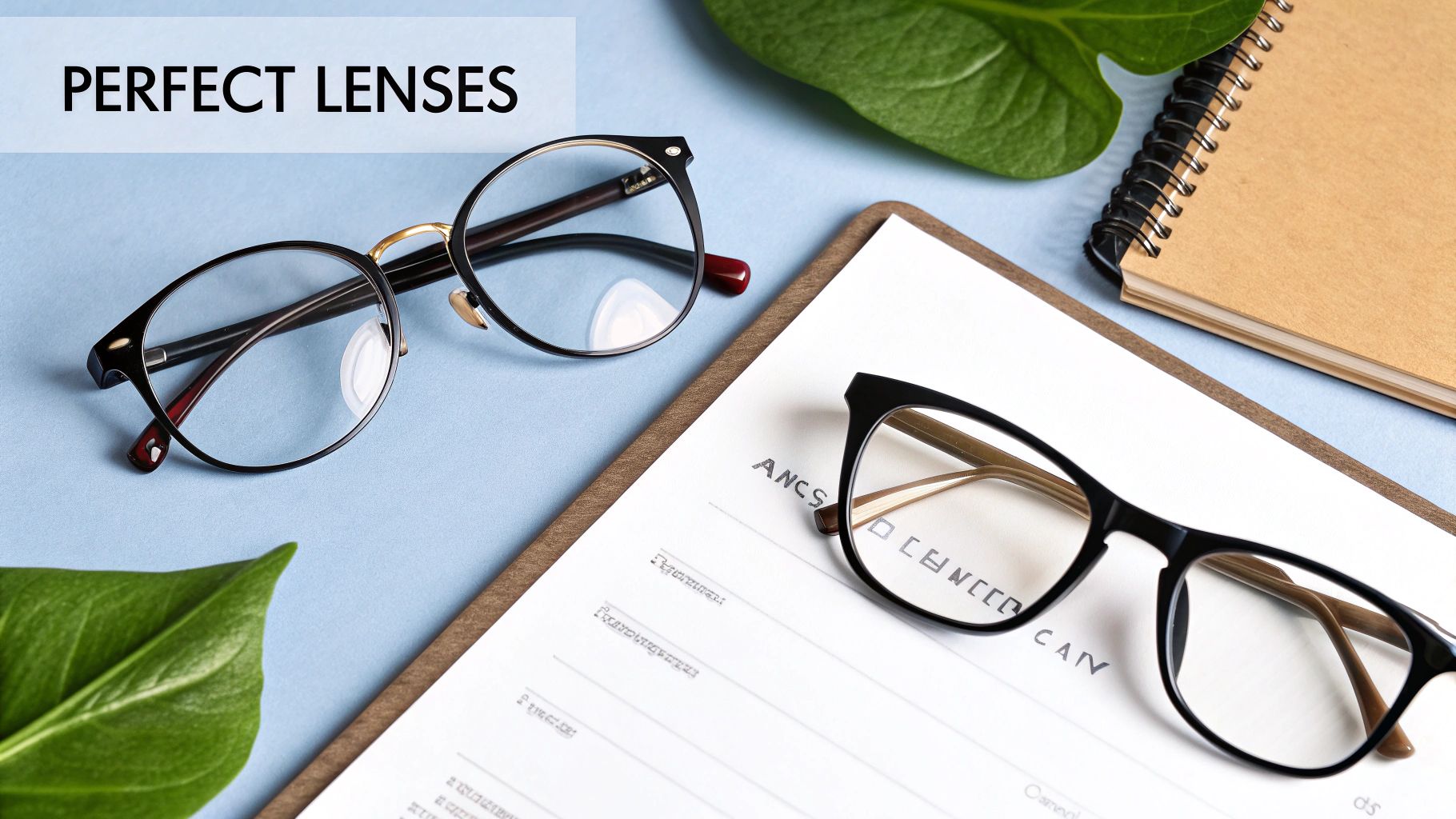 Two pairs of stylish eyeglasses, a clipboard, a notebook, and green leaves on a light blue background.