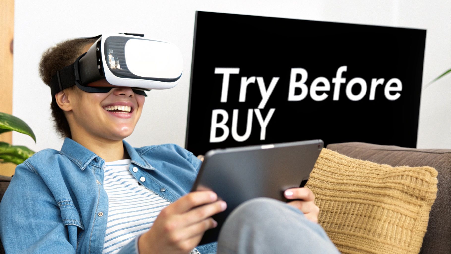 A woman smiling while using a virtual eyewear try-on tool on her laptop.