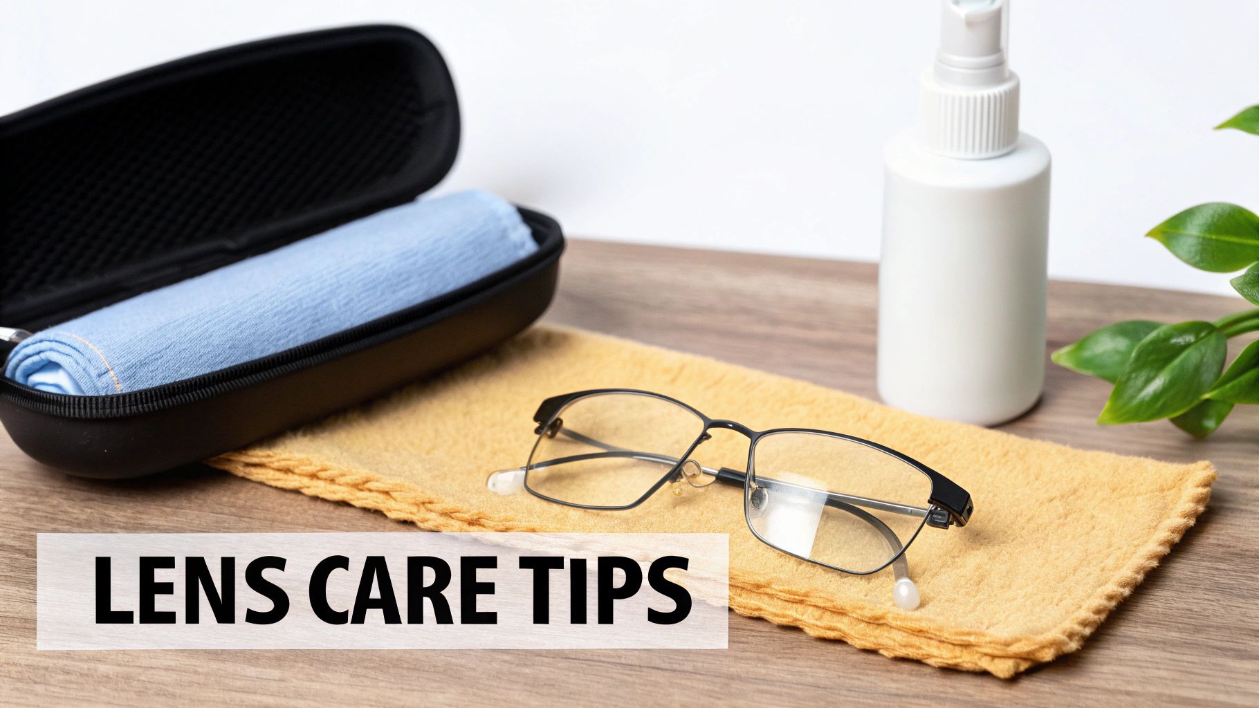 Eyeglasses with cleaning spray, cloths, and case on a wooden table, emphasizing lens care.