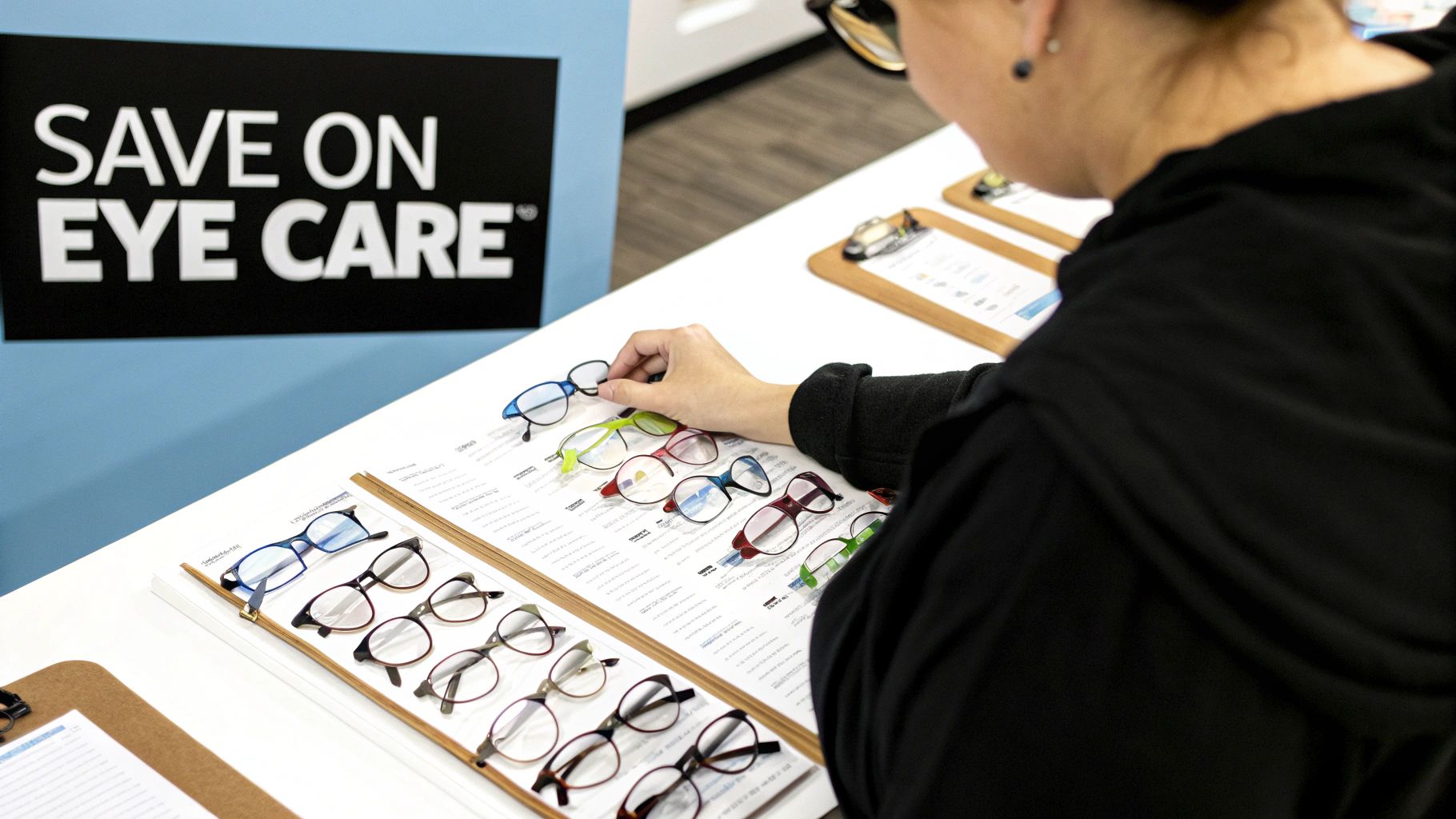 A person choosing new glasses frames from a display in an optical store.