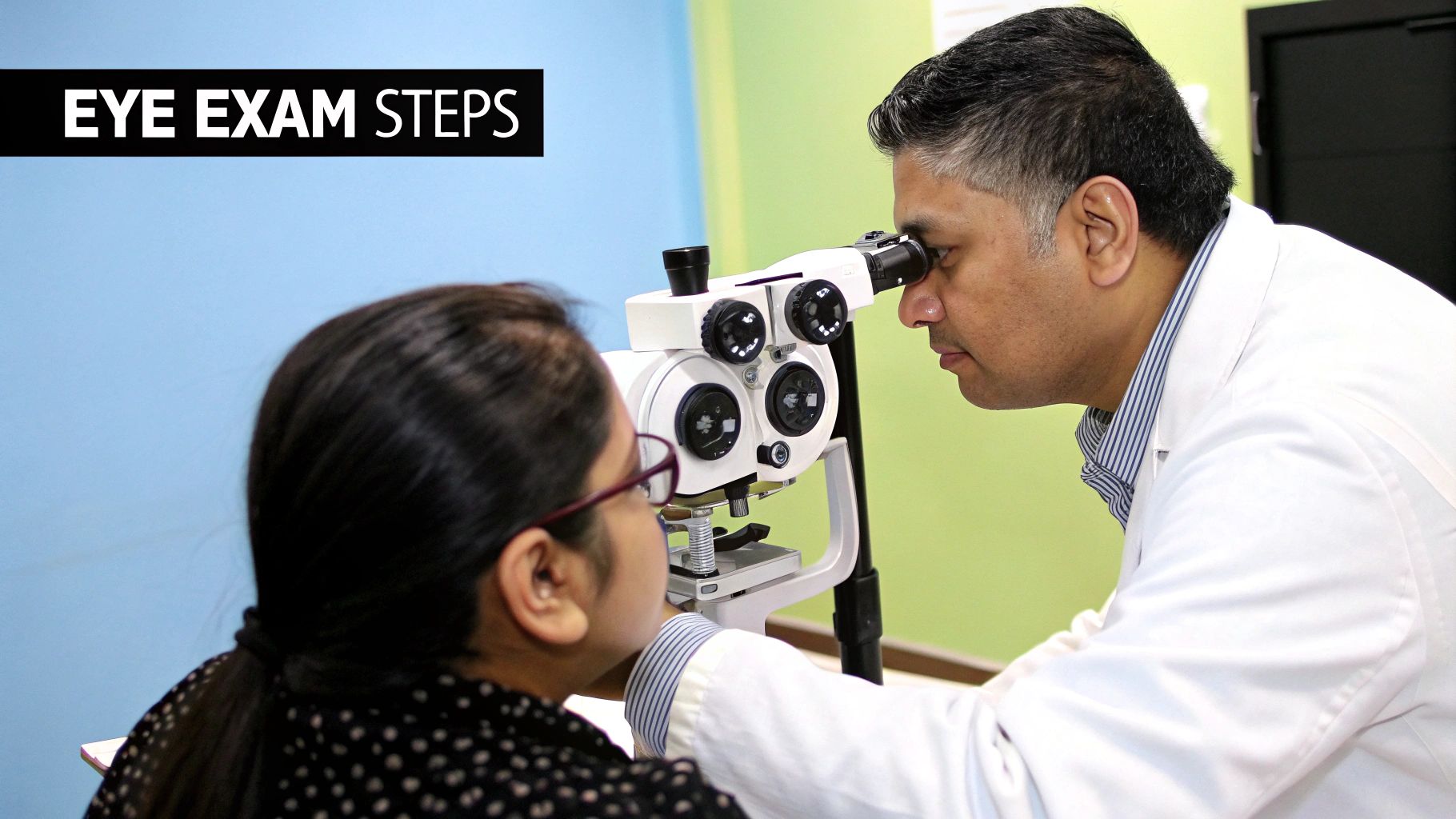 A medical professional performs an eye exam on a patient using an ophthalmic machine, captioned 'EYE EXAM STEPS'.