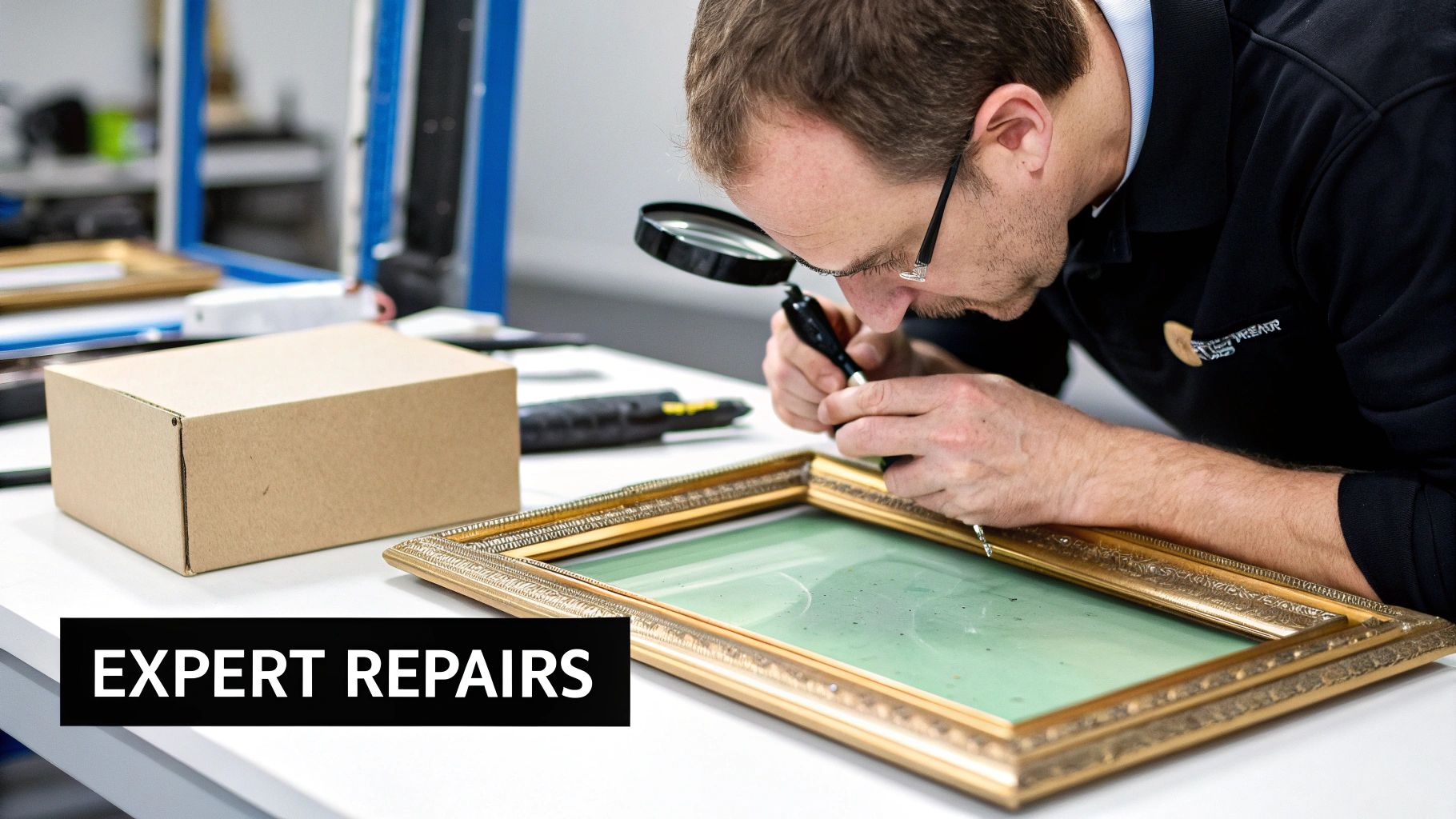 A man meticulously inspects a golden picture frame with a magnifying glass for expert repairs.