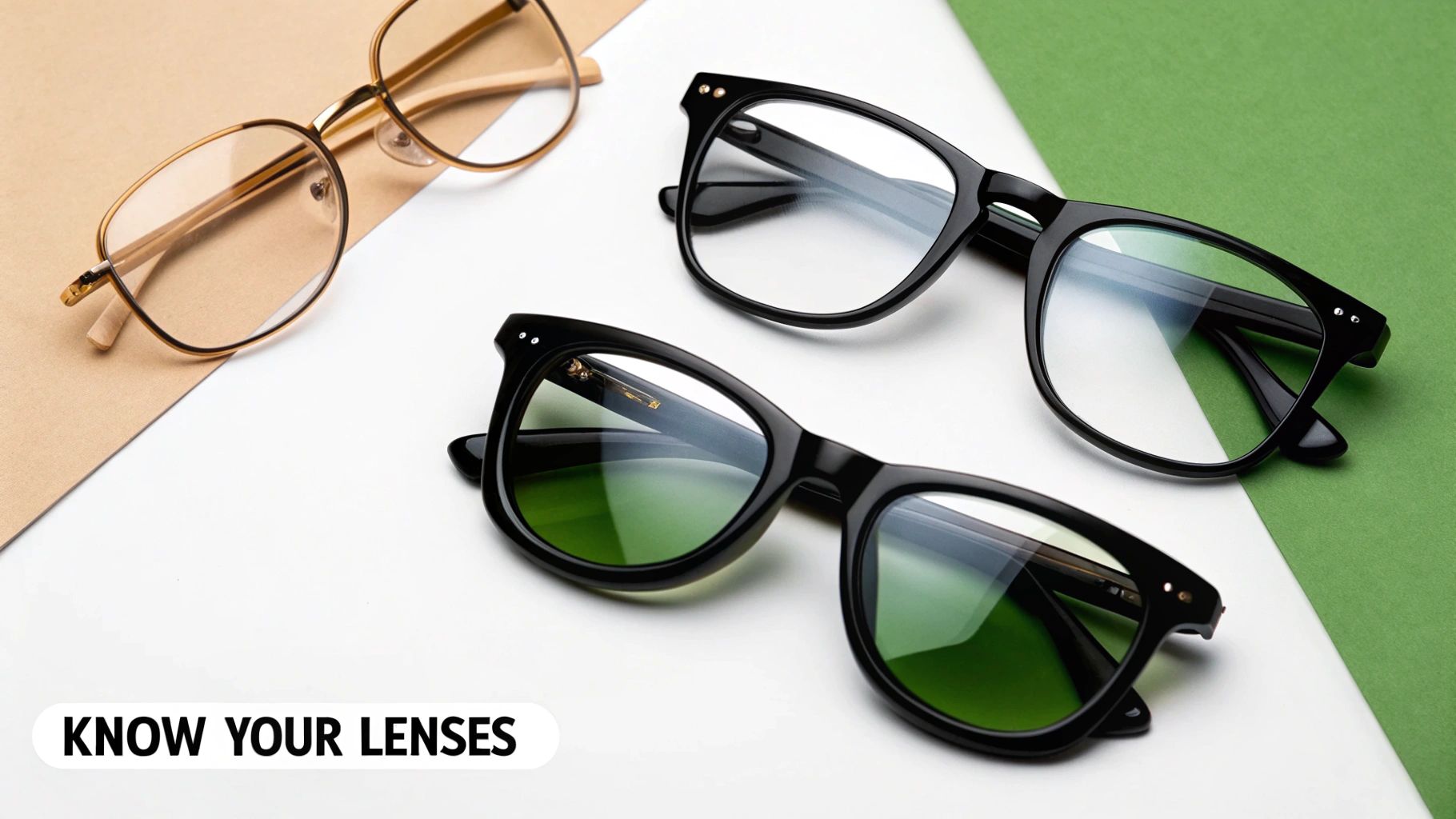 Diverse eyeglasses displayed on a segmented background, showcasing different lens types and frame styles.