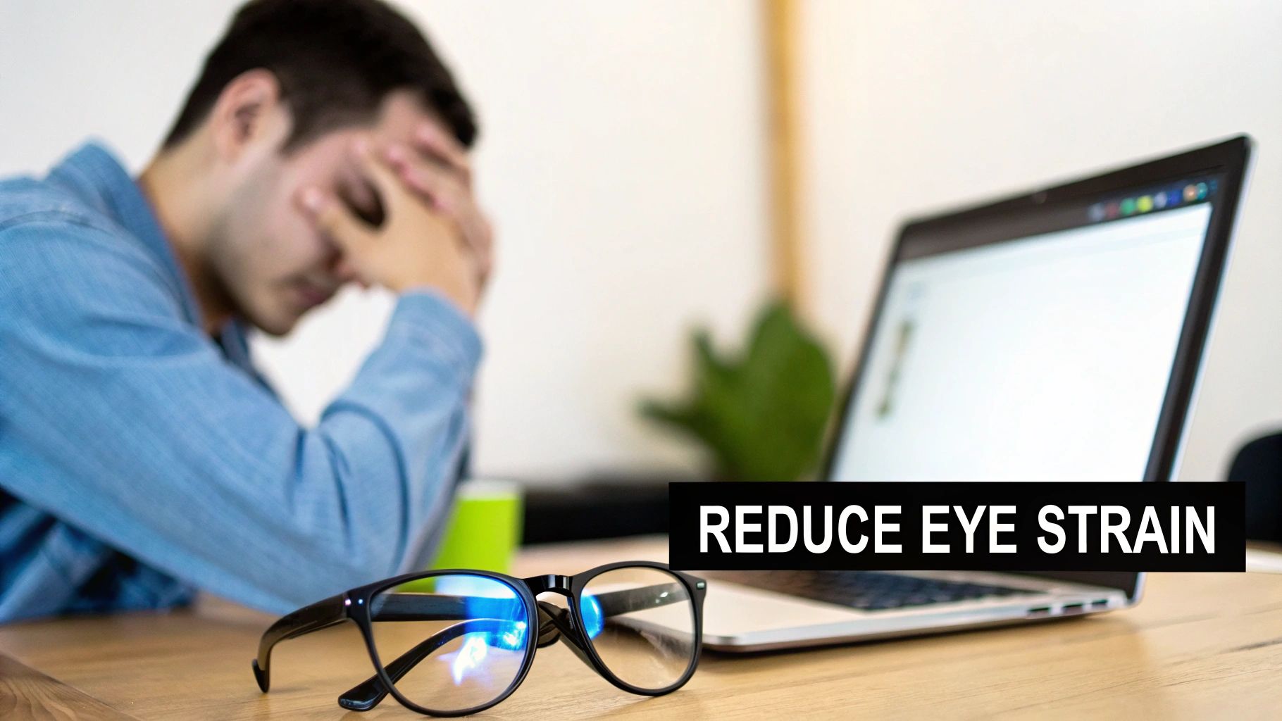 Person wearing blue light glasses while working on a laptop