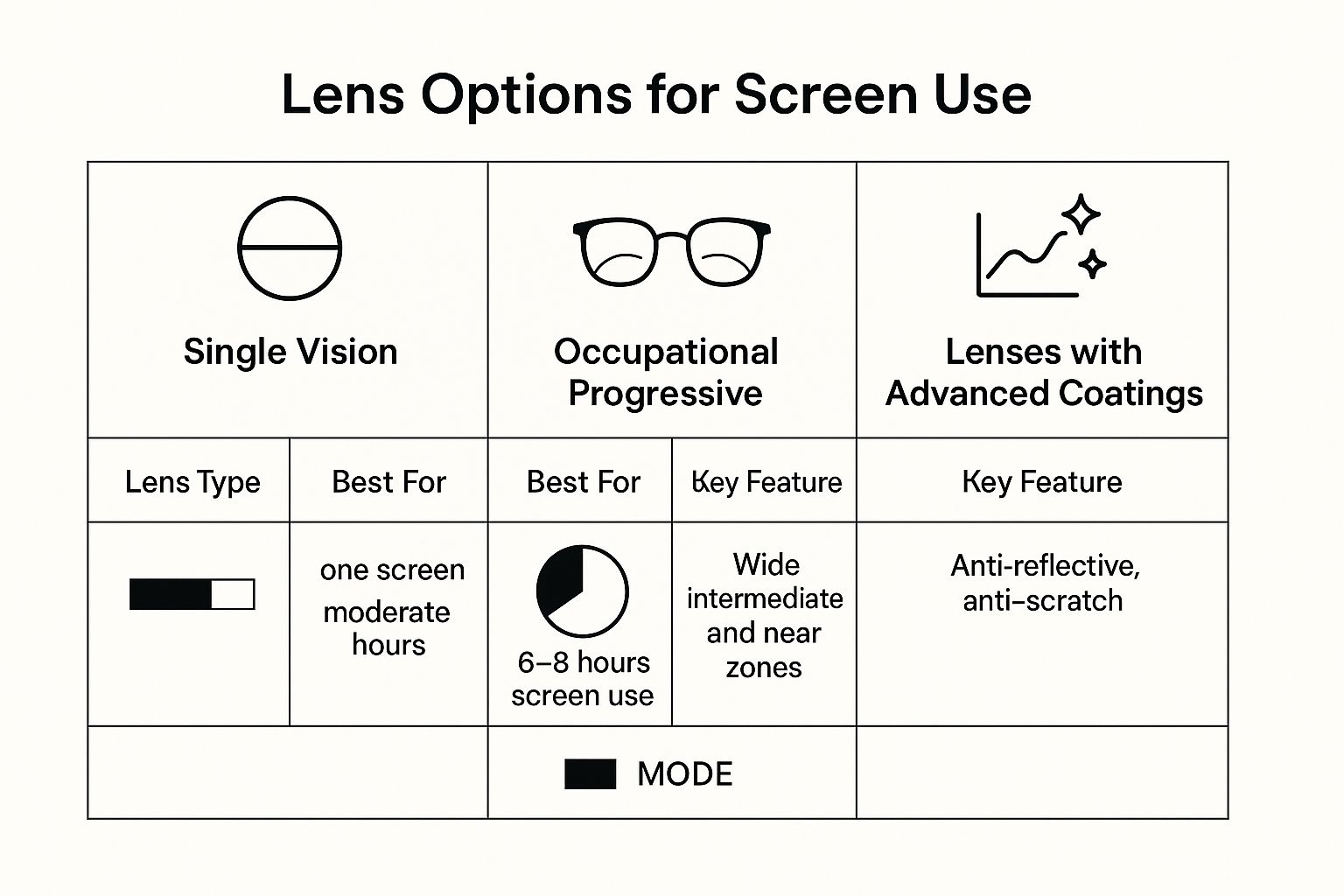 Infographic comparing Single Vision, Occupational Progressive, and Advanced Coated lenses for computer glasses.