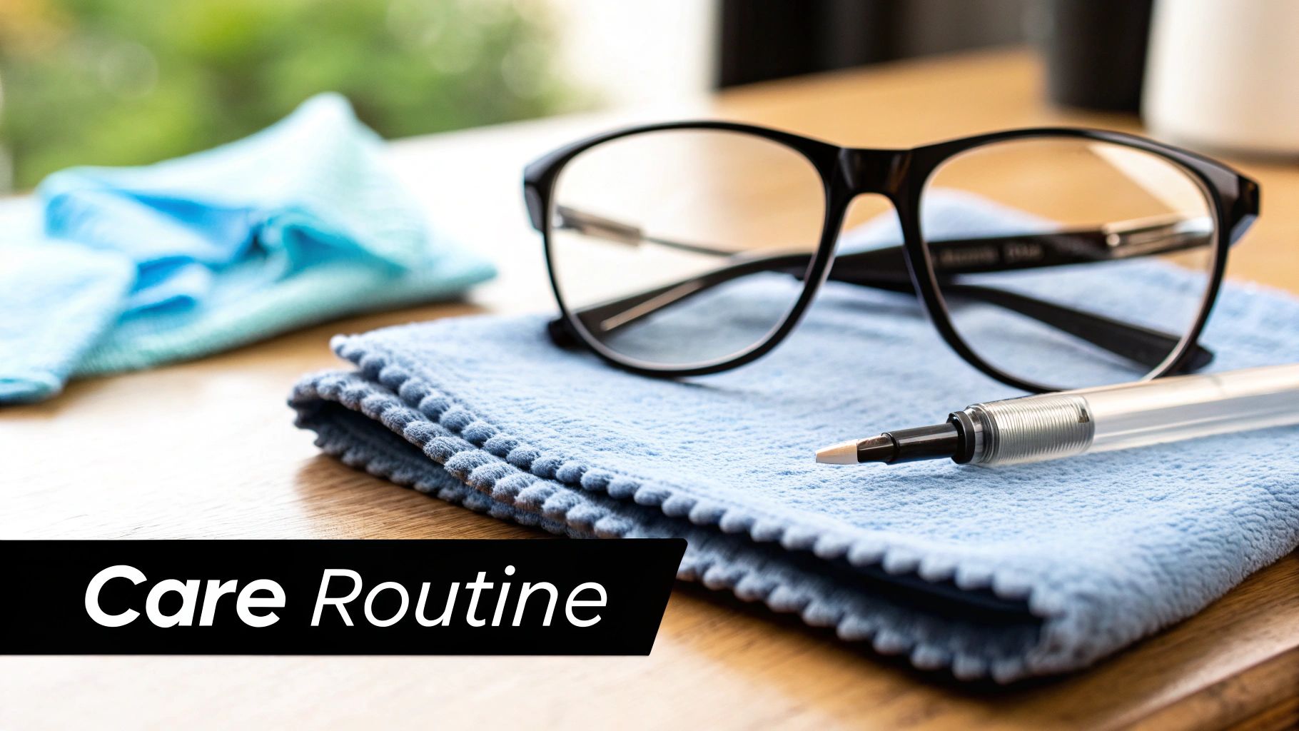 Black eyeglasses on a blue microfiber cleaning cloth with a cleaning pen, illustrating a care routine.