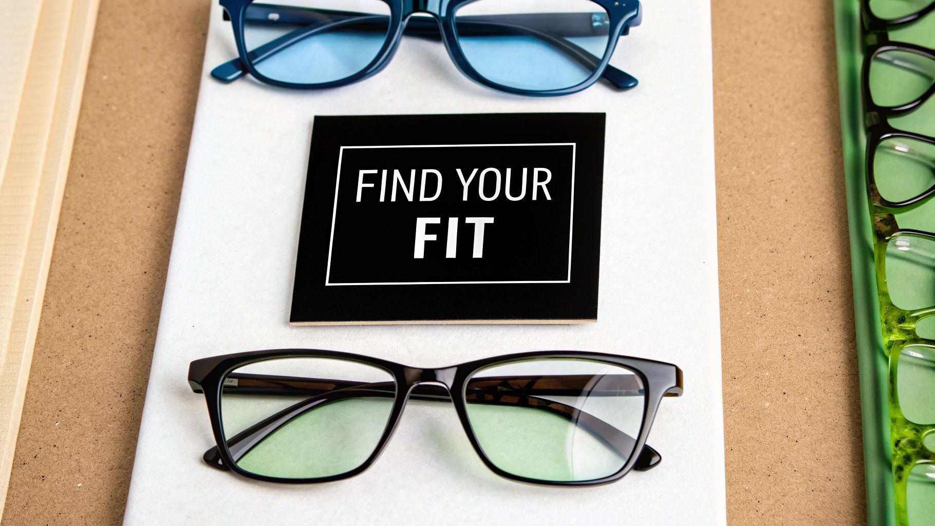 A flat lay of various reading glasses, blue, black, and green, surrounding a 'FIND YOUR FIT' sign.