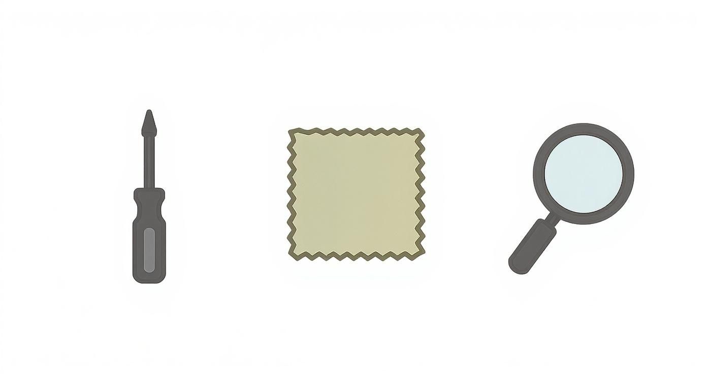 A screwdriver, cleaning cloth, and magnifying glass, essential tools for glasses maintenance.