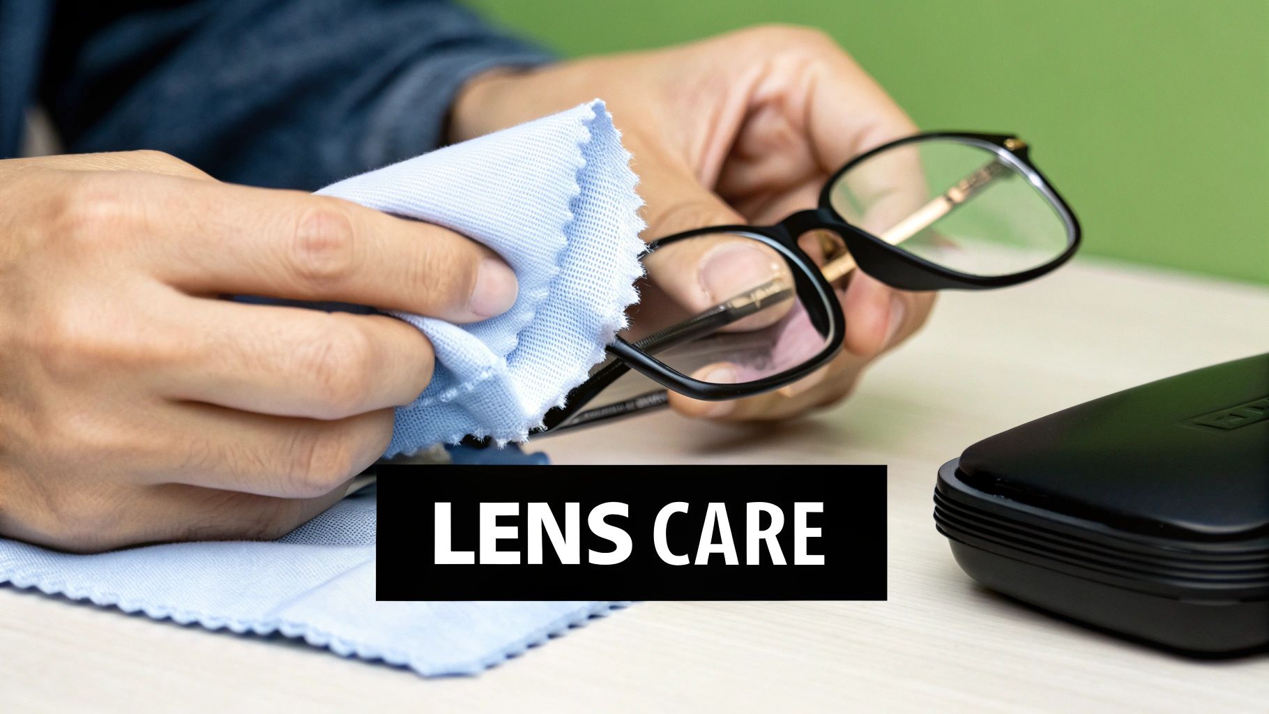 Close-up of a person's hands carefully cleaning a pair of black eyeglasses with a blue microfiber cloth.