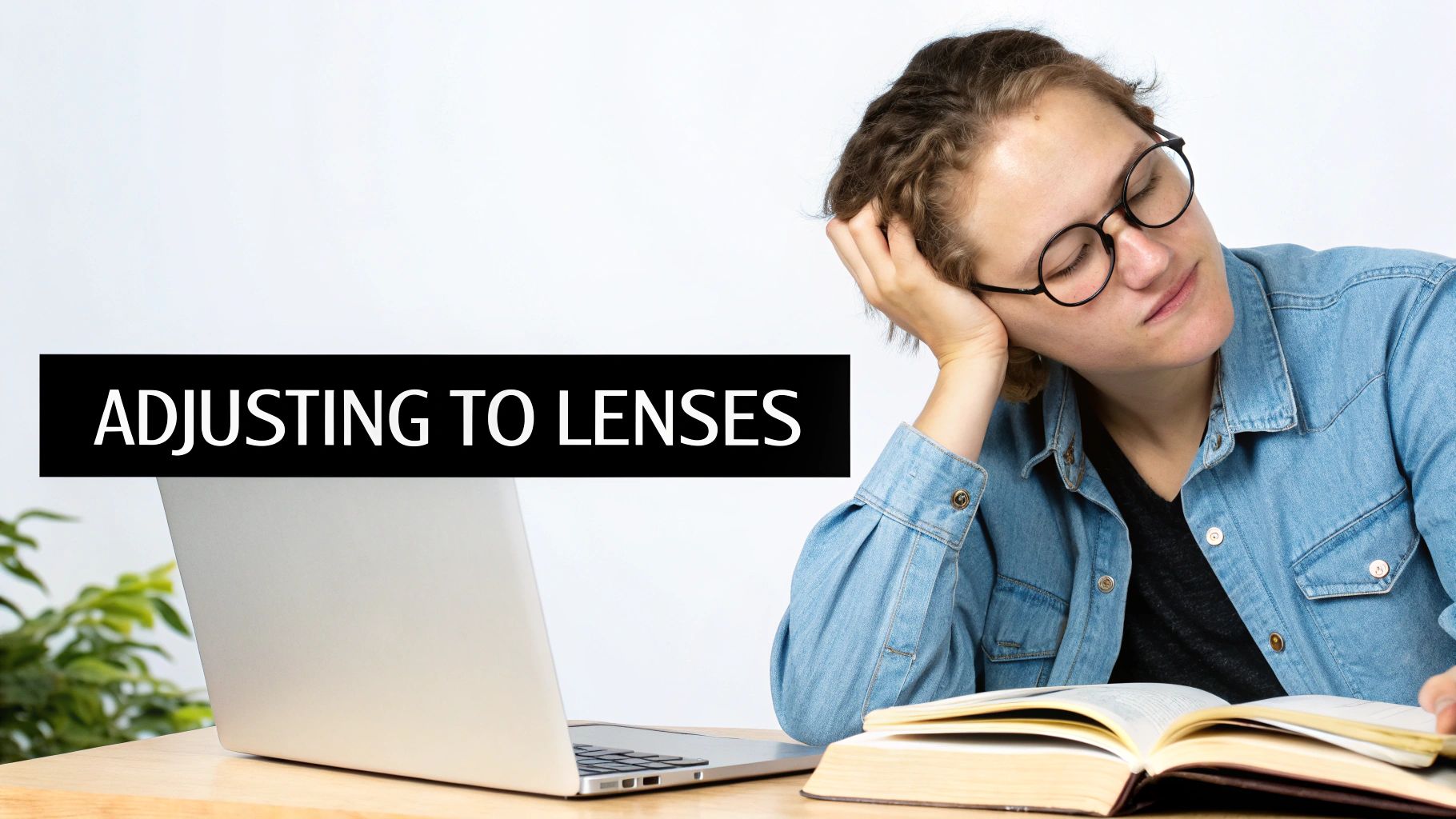 A person wearing round glasses, eyes closed, resting head on hand, with text 'ADJUSTING TO LENSES'.