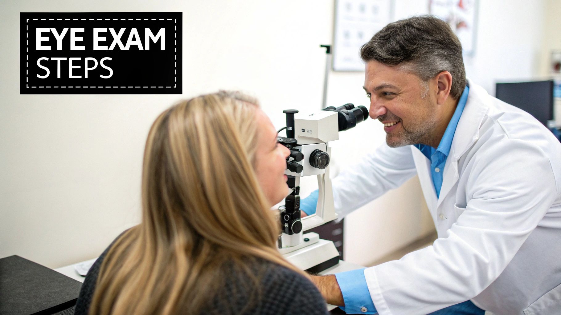A person smiling while choosing from a selection of eyeglass frames