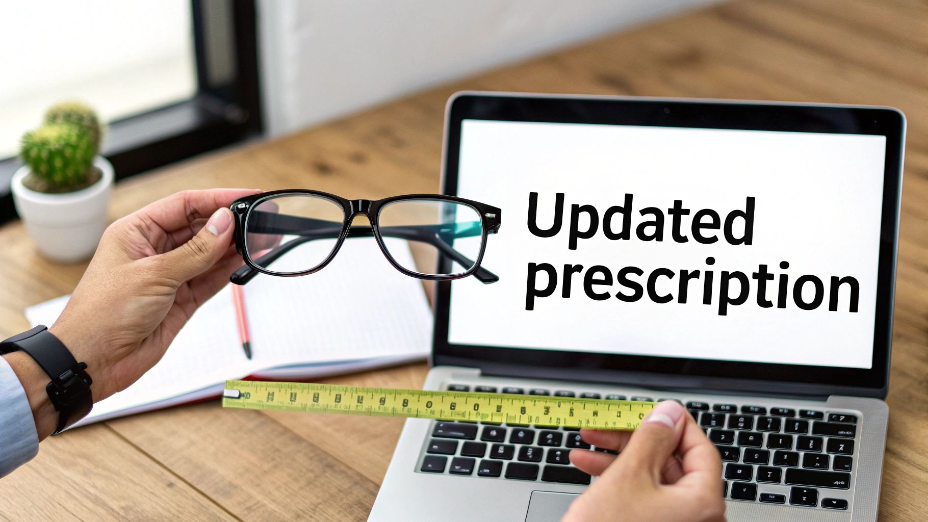 A person smiling and trying on a new pair of stylish glasses