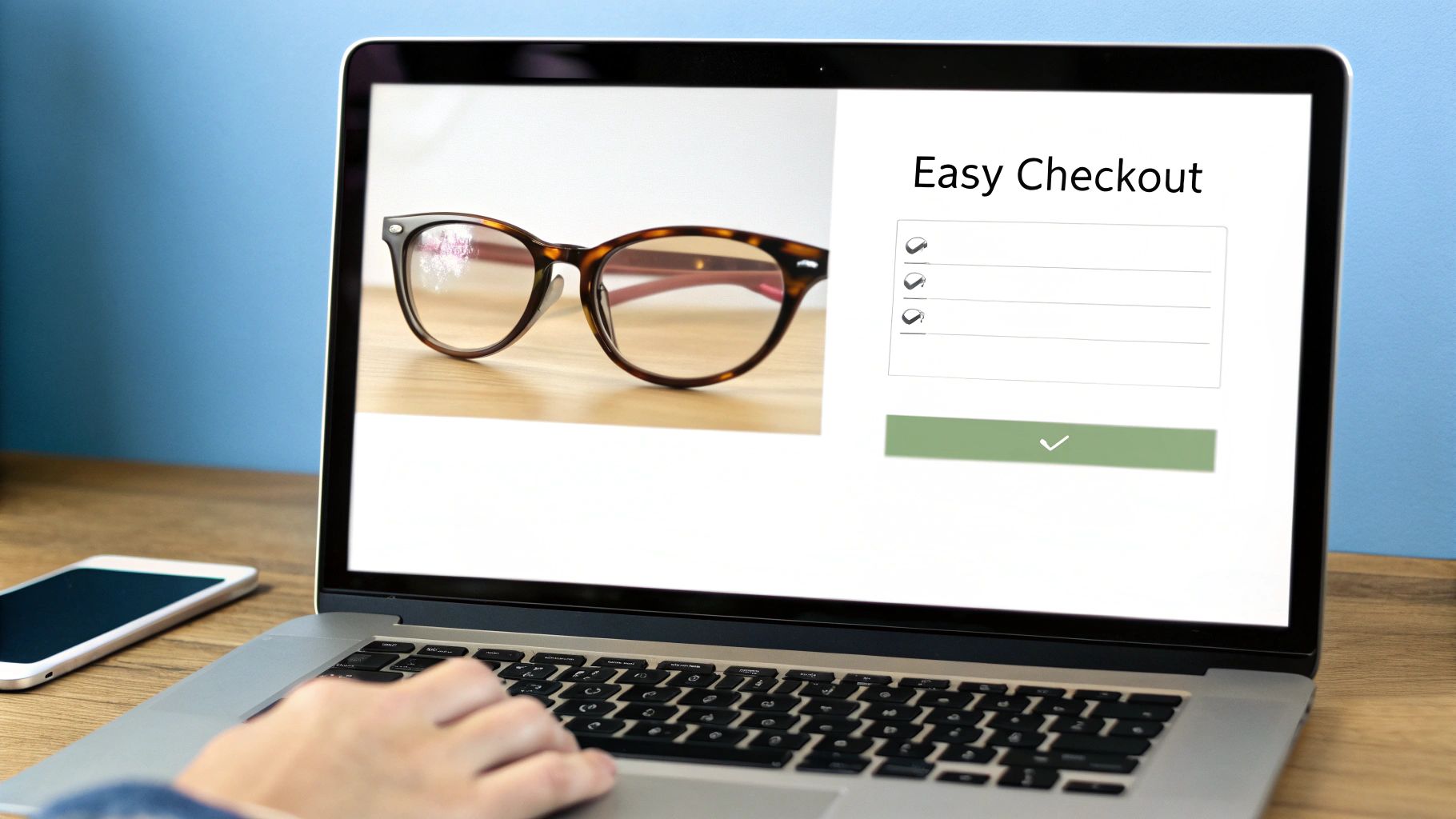 A screenshot-style image showing a clear, user-friendly checkout process for online glasses.