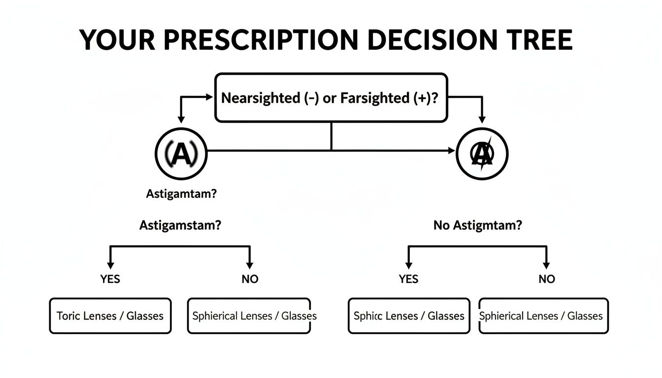 Eye prescription decision tree guides lens choice: Toric, Spherical, or Spheric based on vision and astigmatism.