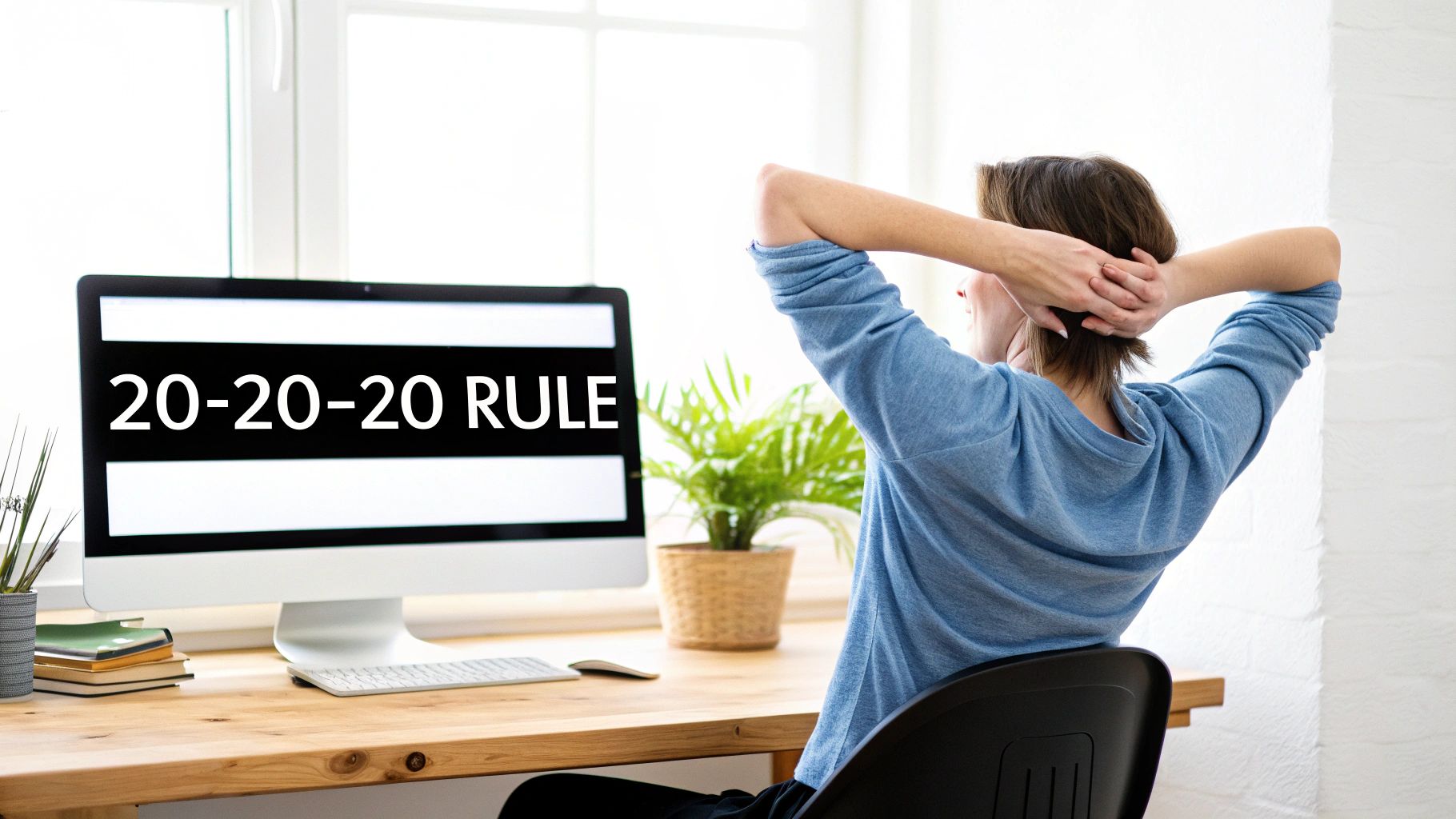 Person looking out a window taking an eye break from their computer.