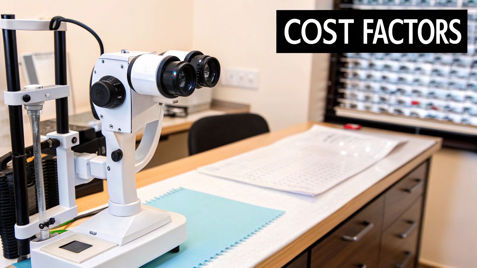 An optometrist using a phoropter to test a patient's vision.