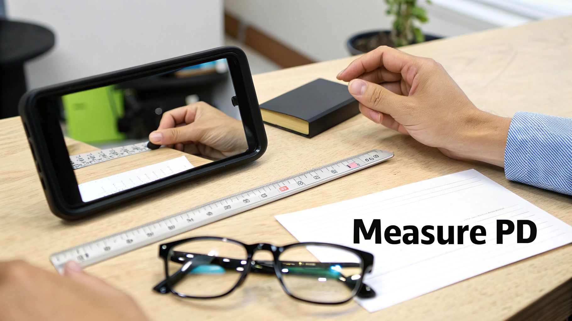 A person uses a phone, ruler, and paper to measure pupillary distance (PD) on a wooden desk with glasses.