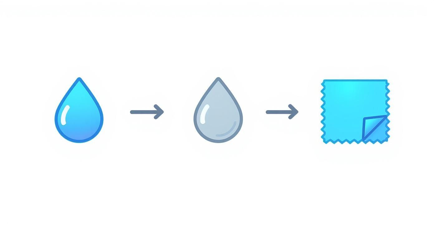 A blue water drop turns gray, then a blue cleaning cloth appears, illustrating a cleaning process.