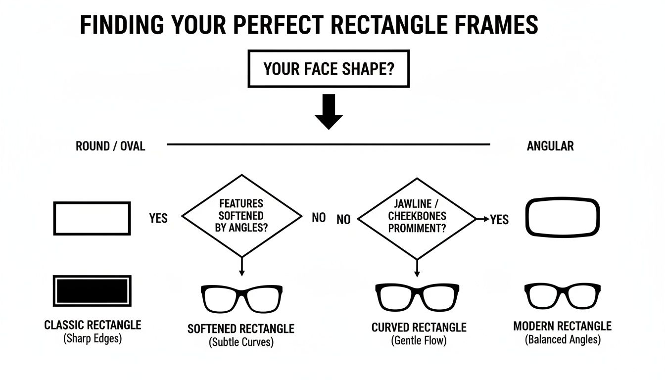 Flowchart guiding face shapes to perfect rectangle eyeglass frames, categorizing styles like classic, softened, curved, and modern.