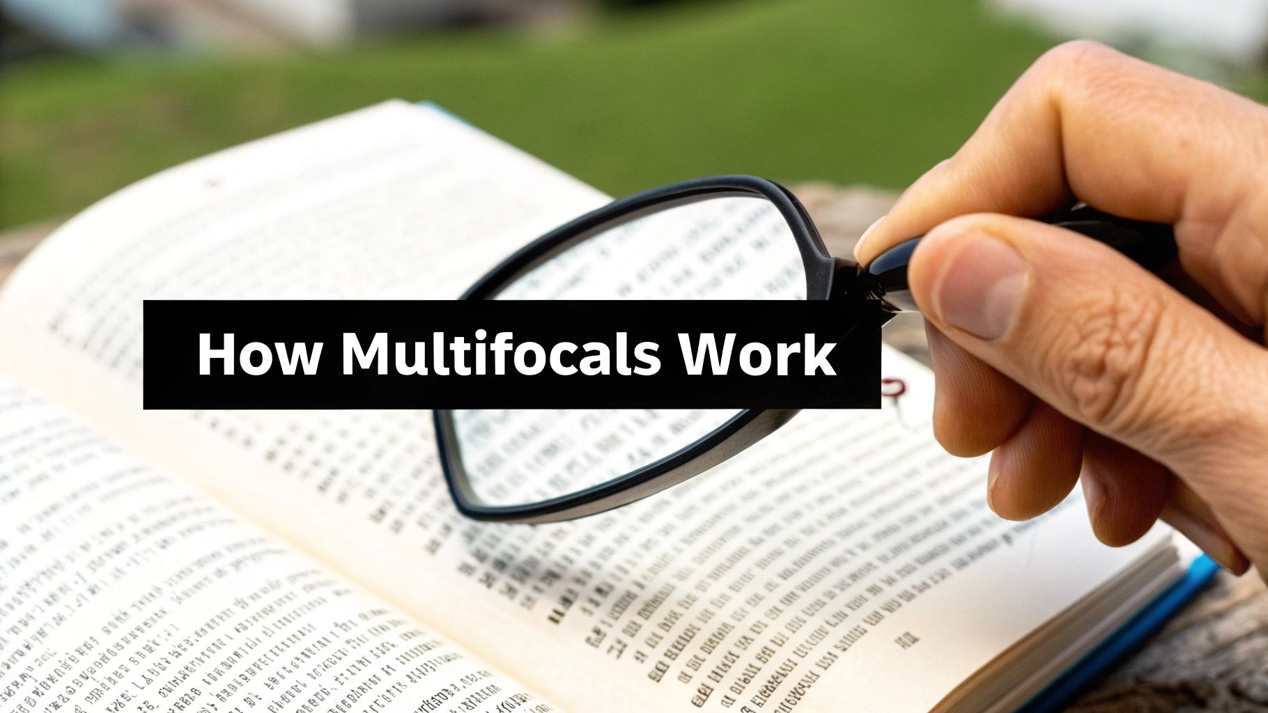 A hand holds a magnifying glass over an open book, illustrating 'How Multifocals Work'.