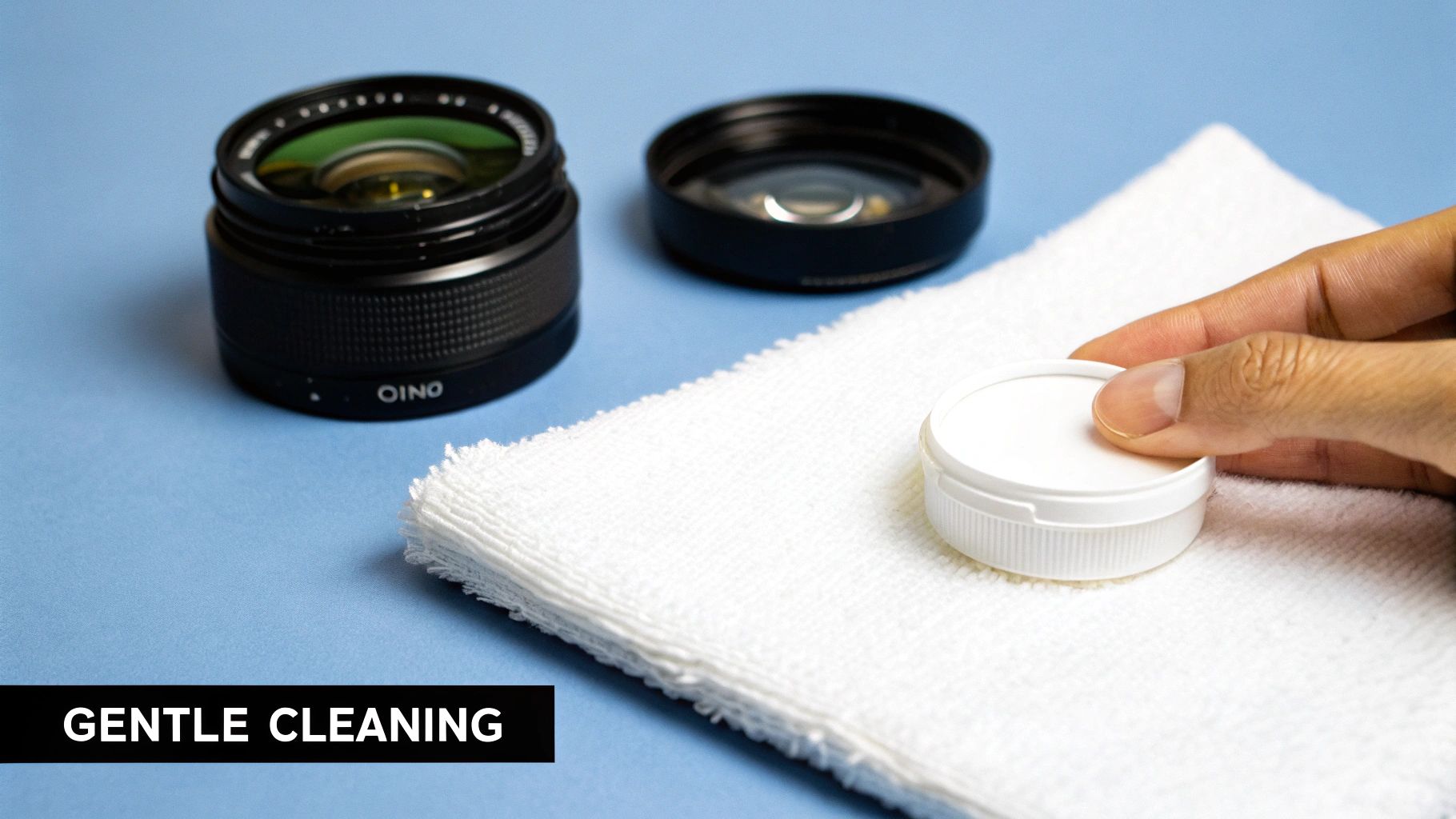 A hand holds a white cleaning solution container next to a camera lens and white cloth, illustrating gentle cleaning.