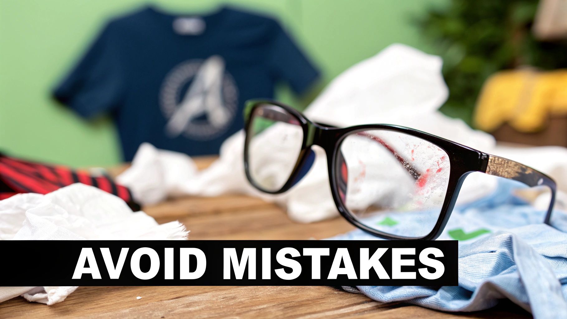A pair of dirty eyeglasses with red smudges on the lenses sits on a wooden table among crumpled tissues.