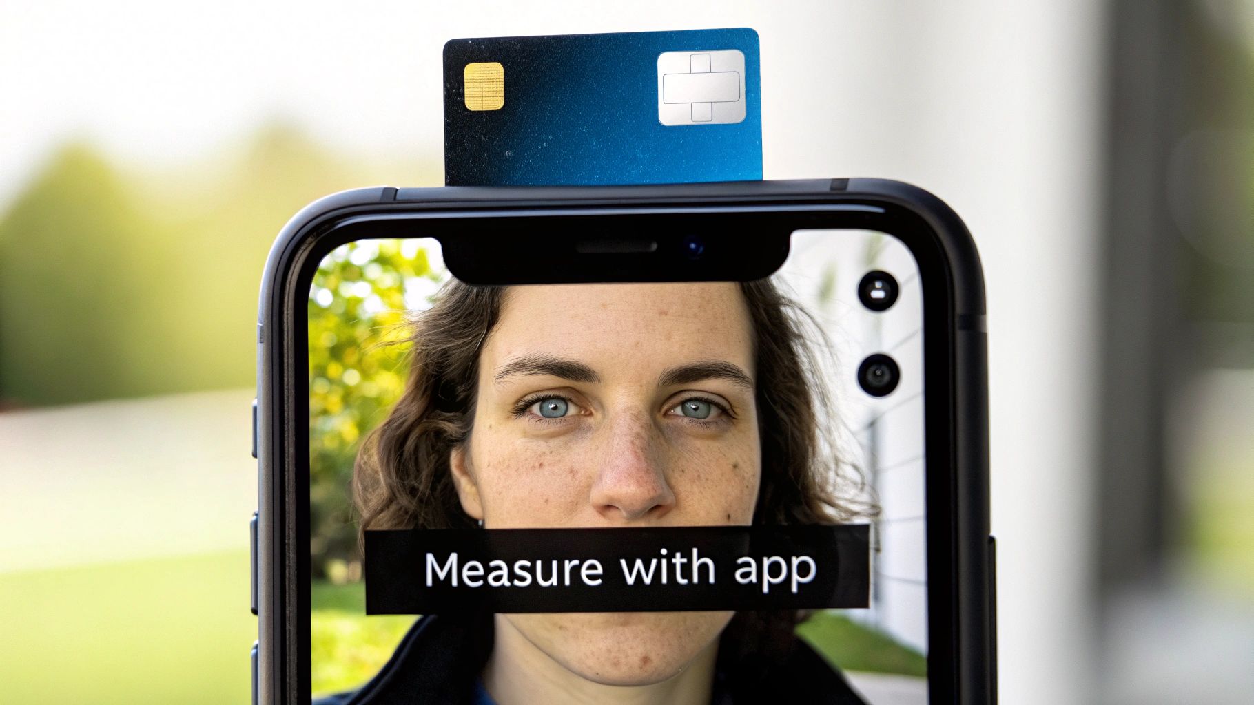 Woman using smartphone app to measure pupillary distance with credit card size reference