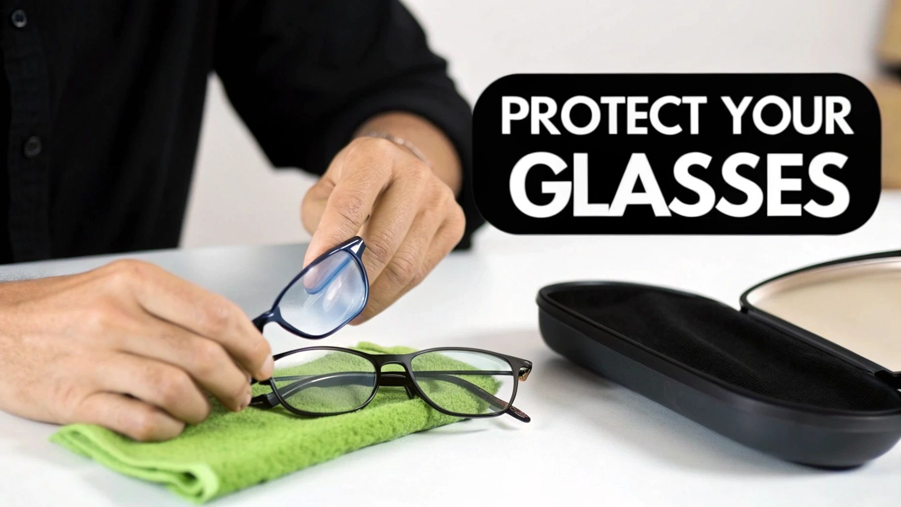 Hands holding and cleaning glasses with a green cloth, next to an open case for protection.