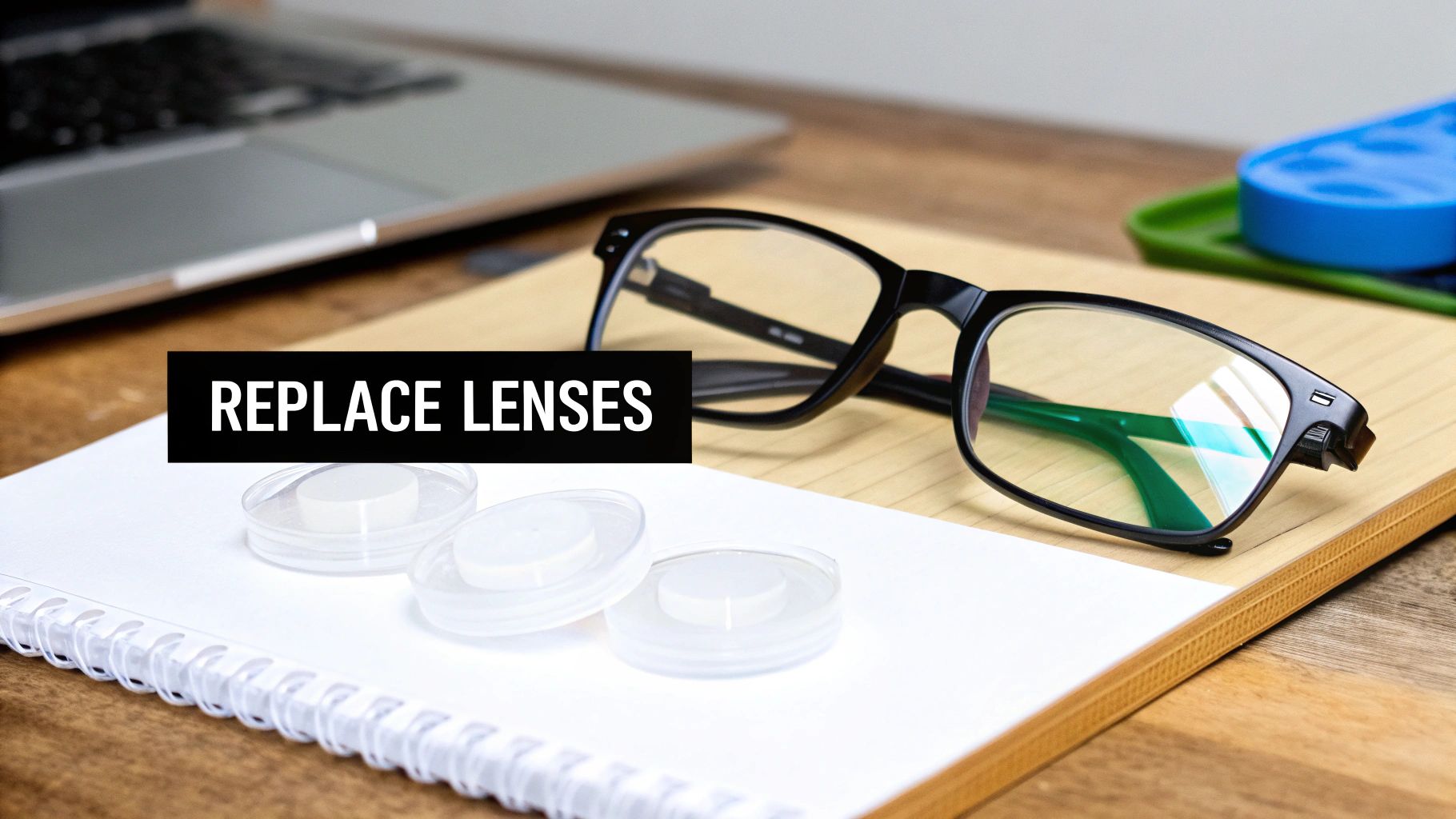 A pair of black glasses and contact lens cases on a wooden desk with a white spiral notebook, featuring an overlay text 'REPLACE LENSES'.