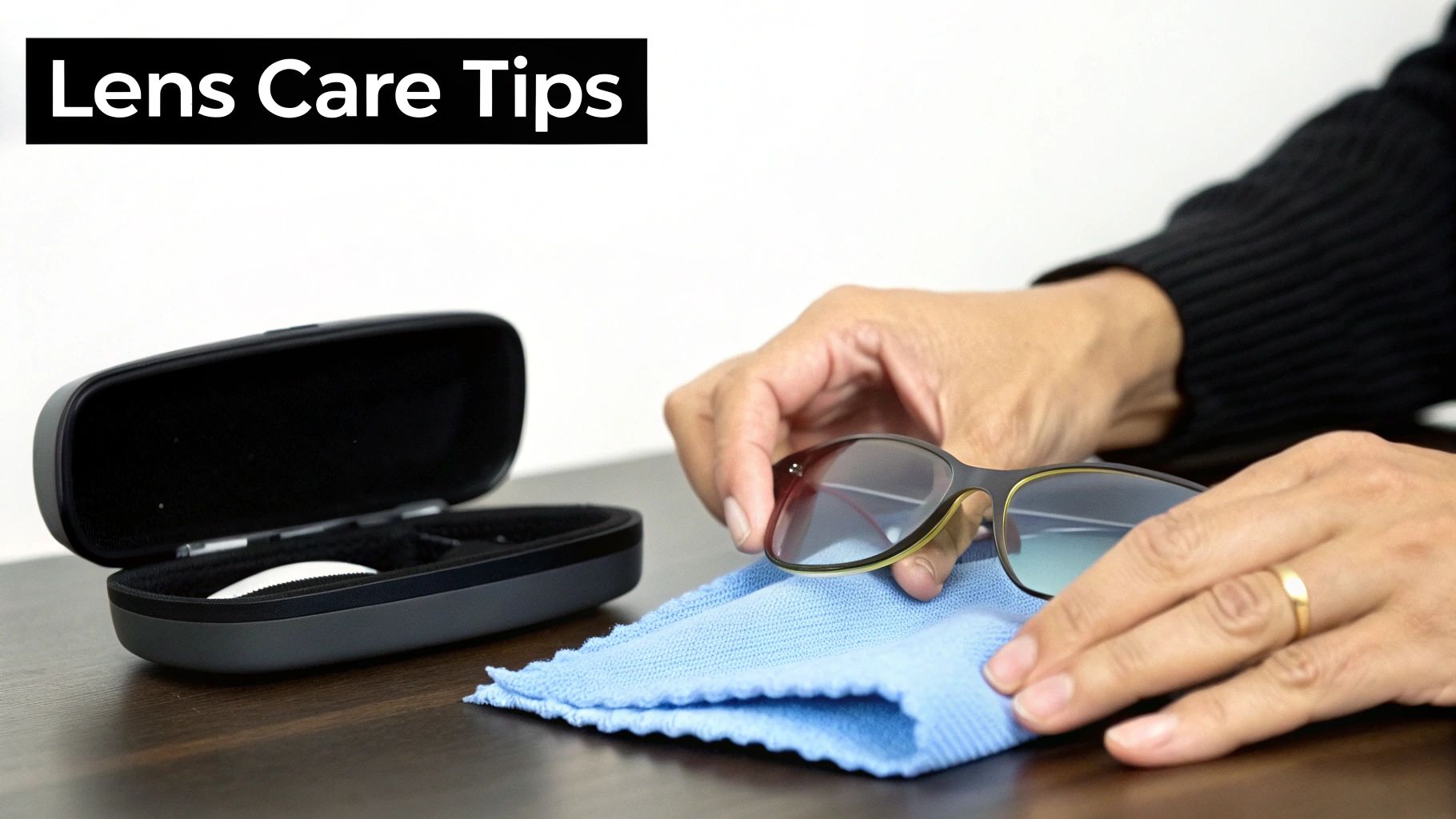 Hands carefully cleaning a pair of eyeglasses with a blue microfiber cloth, next to an open glasses case.
